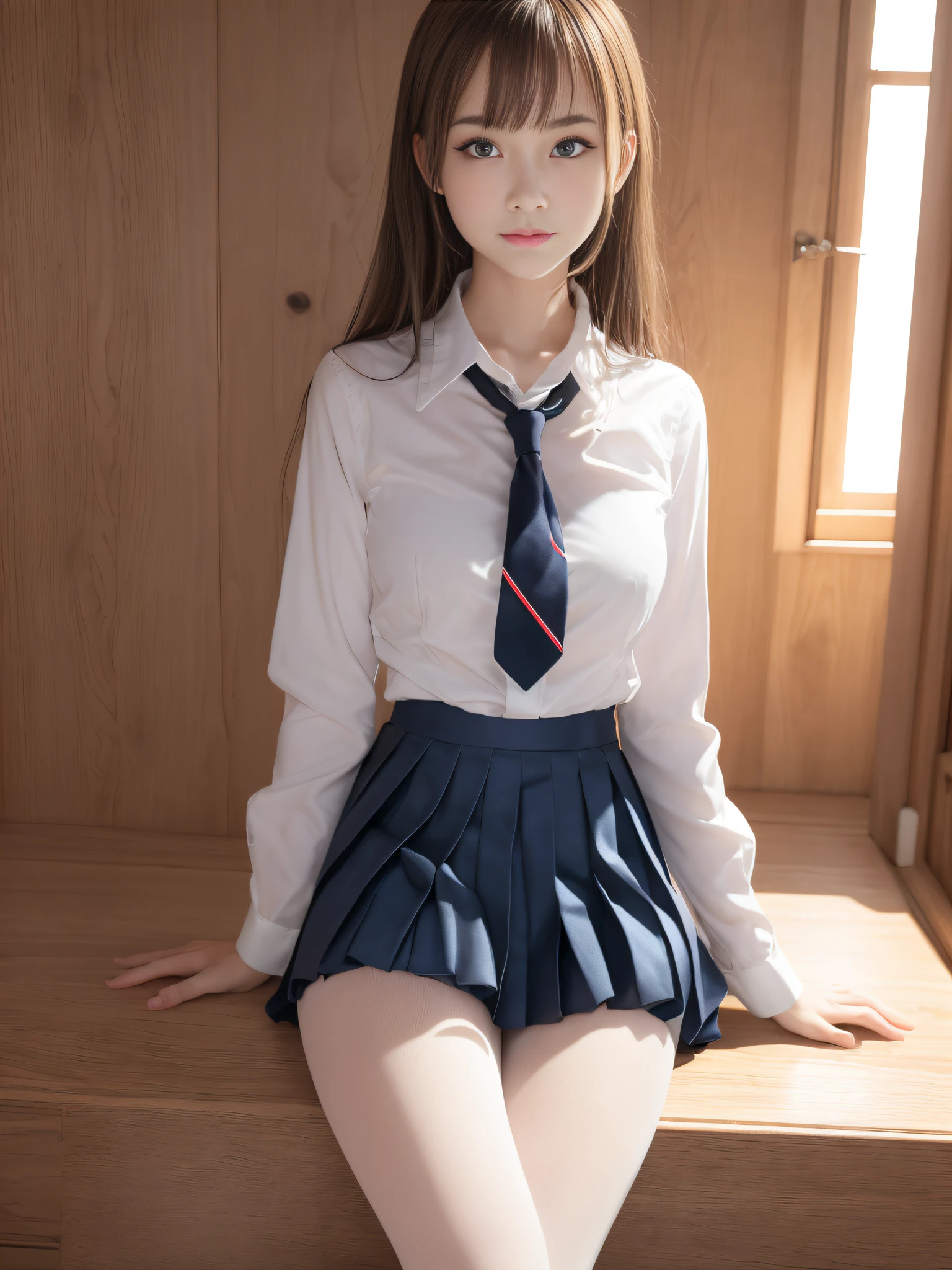 Ultra realistic 8K CG, Picture-perfect face, flawless, clean, masutepiece, Professional artwork, famousartwork, Perfect face, Beautiful face, Beautiful eyes, ((Perfect female body)), (Slender body), 16 year old girl, Solo, (Immersive atmosphere, Chiaroscuro:1.5, Bright light:1.2, Luminous lighting), (blush:0.5), fascinated expression, Extremely detailed_Eyes, Small breasts, beautifullydetailedbackground, depth of fields, Realistic:1.3, longshot, 1girl in, Shirt, Pleated skirt, Japan school uniform, Sitting, Full body, (ambient lights:1.3), (Cinematic composition:1.3), (Neon light:0.1), (nffsw:0.1), Accent Lighting, White pantyhose,Neat and clean lady，