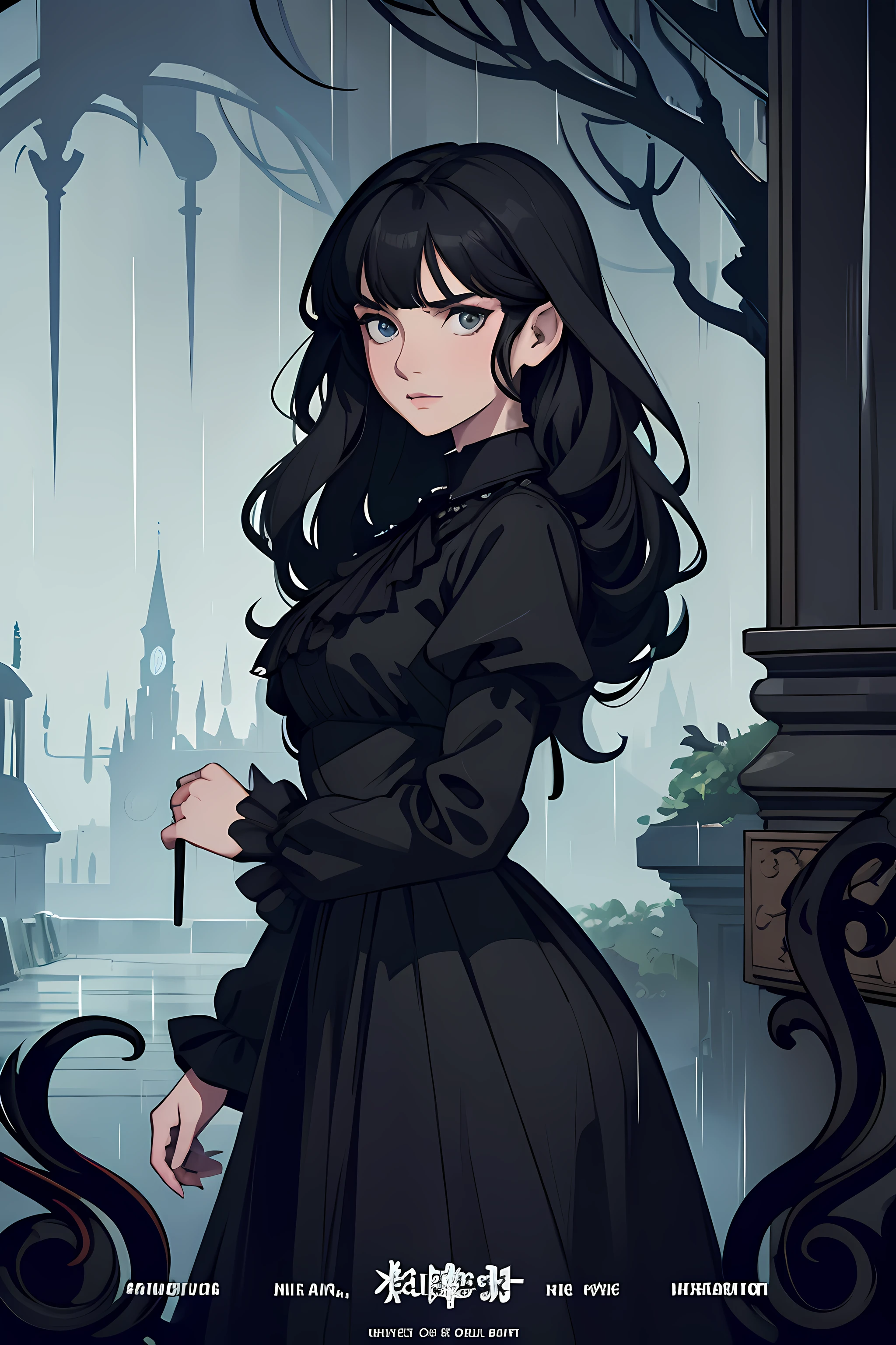 beautiful and asethetic, masterpiece, movie poster, best quality, drawing of a of a long black haired woman with a high collared black long sleeved victorian dress dramatic pose in front of rain soaked scary asylum halllway, bright colors, abstract, by james jean style, fantastical elements