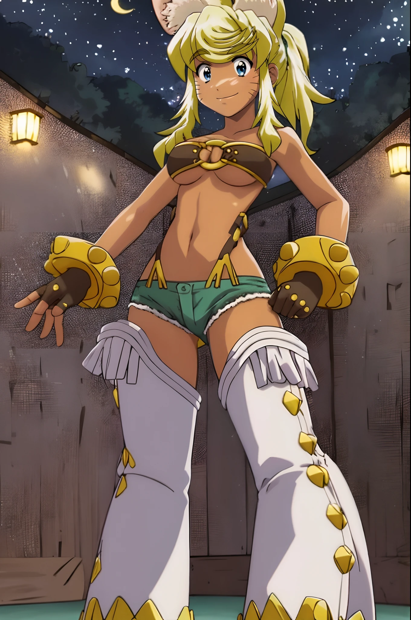 liru, 1girl, beltbra, shorts, denim_shorts, denim, thighhighs, underboob, breasts, gloves, night, hands_on_hips, sky, furry, short_shorts, navel, midriff, fingerless_gloves, from_below, night_sky, smile, grey_shorts, star_(sky), moon, cutoffs, outdoors, boots, thigh_boots, underwear, panties, starry_sky, blue_shorts, body_fur, standing, full body