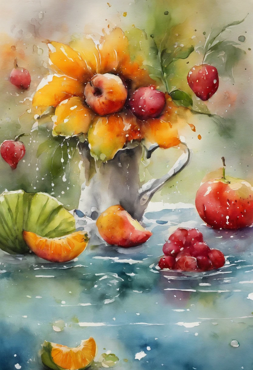 Umamulher em um vestido  fino, cabelos molhados, Chuva de frutas, Foto do produto de morango,uva,Kiwi falling into the water,As roupas estavam encharcadas de chuva, A pele fica exposta, messy hair, nariz blush, High detail, Close-up,oto RAW cinematic，foto ultra real，Ultra foto Realsisim，Digital SLR，soft lighting，、Drippy、Splash clear liquid、water bloom，dynamic compositions，(master part) (melhor qualidade) (circunstanciado) (Cinematic lighting) (foco nítido) (intrincado), master part, melhor qualidade, ultra-highresolution, 8k UHD,olhos detalhados_Xl, Detalhador Furtástico