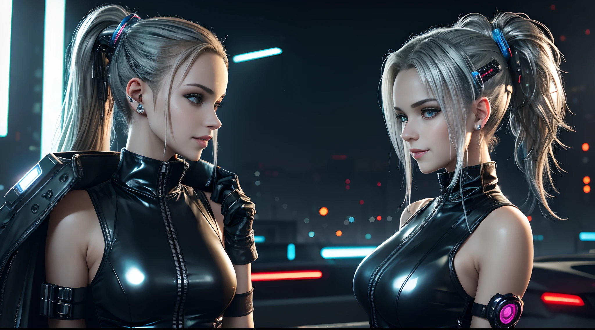 (8K,tmasterpiece:1.2),(Hyper-detailing),(ssmile:1.1),((wavy white long hair):1.3,beatiful detailed eyes,Light makeup,choker necklace,ear jewelry,Pink and moist lips),Two slender women,red color eyes,In the police station,Absurd long white hair,(Police uniform),(Black combat uniform),Female police,Cocked buttocks,((Stretch meat,Fair and moisturized skin)),Be dignified and religious,),(The atmosphere is ambiguous,misty background,a fairy world:1.2),(long white hair)
