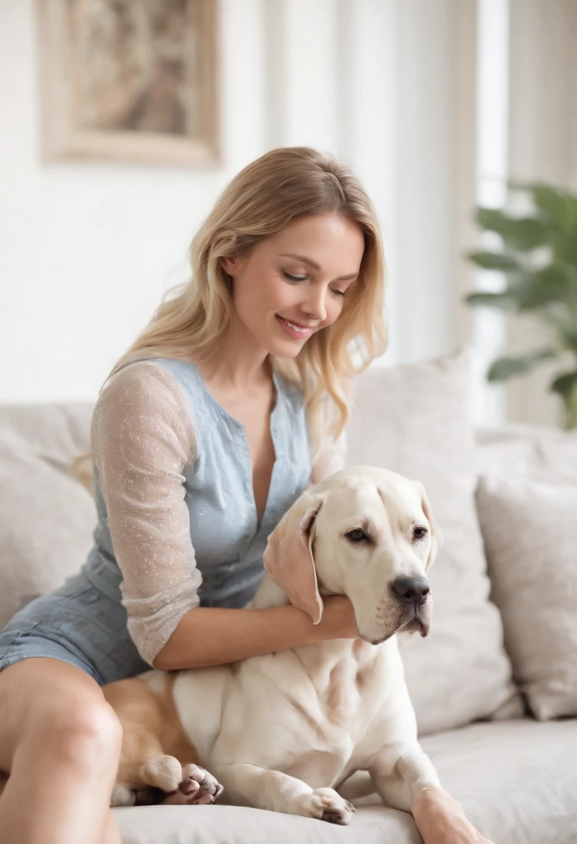 "In this high-resolution image, we see a blonde woman, dressed in shorts and a blouse, comfortably seated on the living room sofa. She appears relaxed, enjoying a hot day. By her side is her loyal companion, a Great Dane dog. The woman wears a gentle smile as she softly strokes the dog's fur, who also seems content and at ease. The surrounding environment is bright and airy, with light and cozy tones, reflecting a sense of tranquility. The decor suggests a modern and laid-back style. This image aims to evoke a pleasant feeling of lightness, well-being, and emotional connection between the woman and her adorable dog."