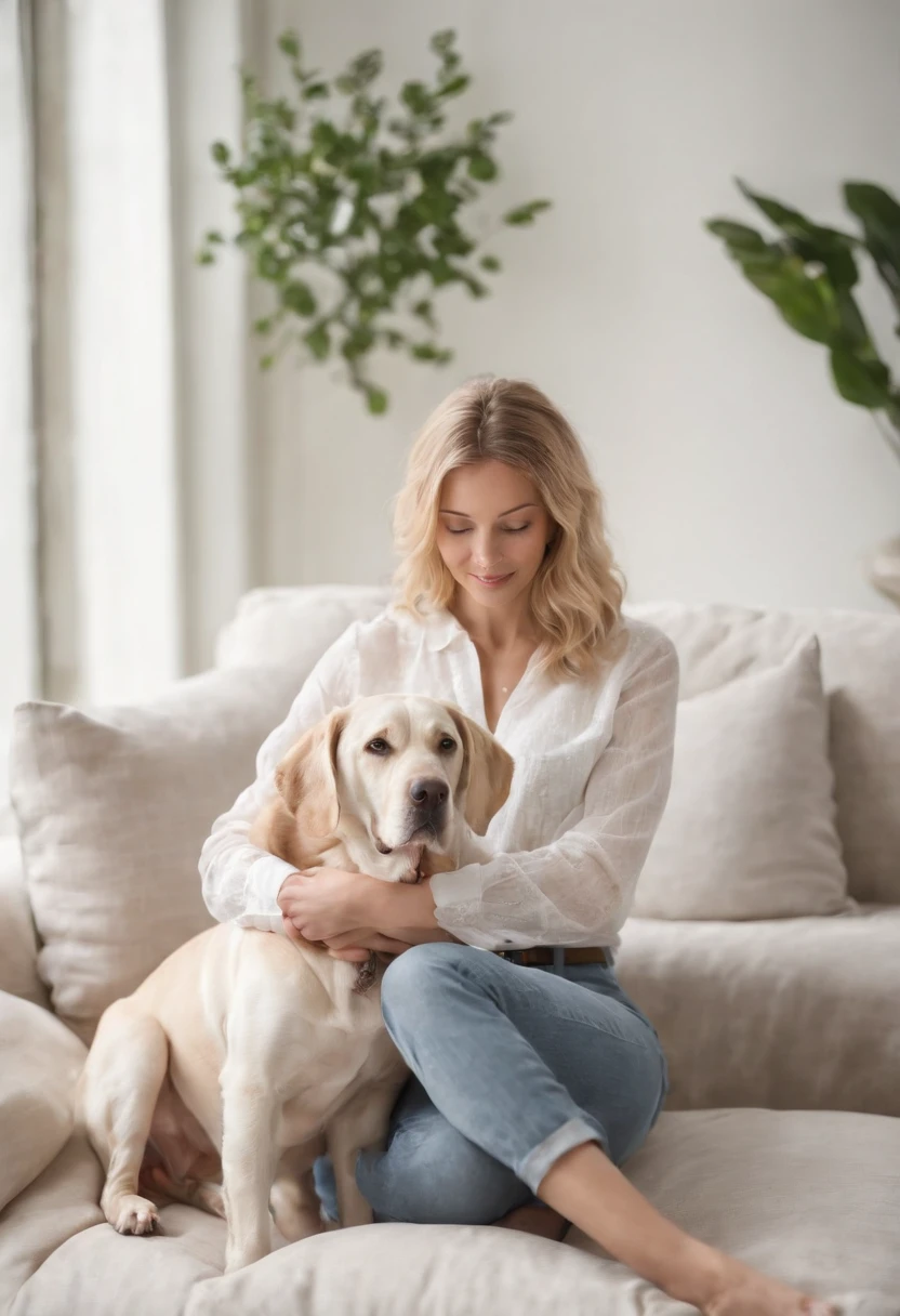 "In this high-resolution image, we see a blonde woman, dressed in shorts and a blouse, comfortably seated on the living room sofa. She appears relaxed, enjoying a hot day. By her side is her loyal companion, a Great Dane dog. The woman wears a gentle smile as she softly strokes the dog's fur, who also seems content and at ease. The surrounding environment is bright and airy, with light and cozy tones, reflecting a sense of tranquility. The decor suggests a modern and laid-back style. This image aims to evoke a pleasant feeling of lightness, well-being, and emotional connection between the woman and her adorable dog."