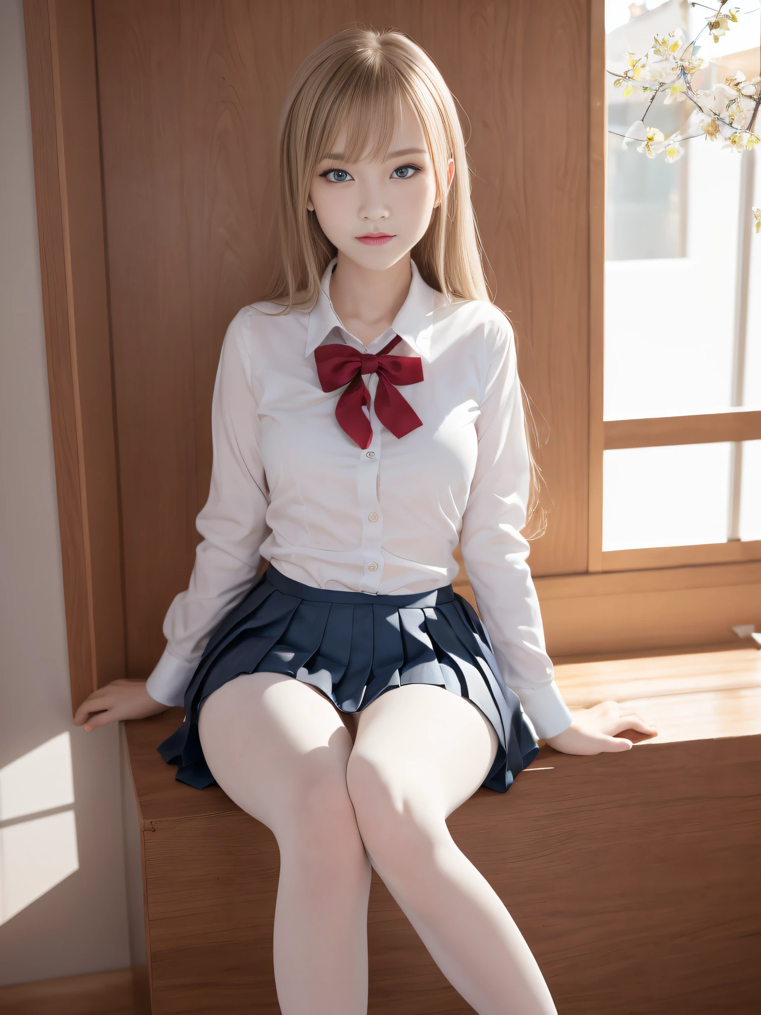 Ultra realistic 8K CG, Picture-perfect face, flawless, clean, masutepiece, Professional artwork, famousartwork, Perfect face, Beautiful face, Beautiful eyes, ((Perfect female body)), (Slender body), 16 year old girl, Solo, (Immersive atmosphere, Chiaroscuro:1.5, Bright light:1.2, Luminous lighting), (blush:0.5), fascinated expression, Extremely detailed_Eyes, Small breasts, beautifullydetailedbackground, depth of fields, Realistic:1.3, longshot, 1girl in, Shirt, Pleated skirt, Japan school uniform, Sitting, Full body, (ambient lights:1.3), (Cinematic composition:1.3), (Neon light:0.1), (nffsw:0.1), Accent Lighting, White pantyhose,Neat and clean lady，