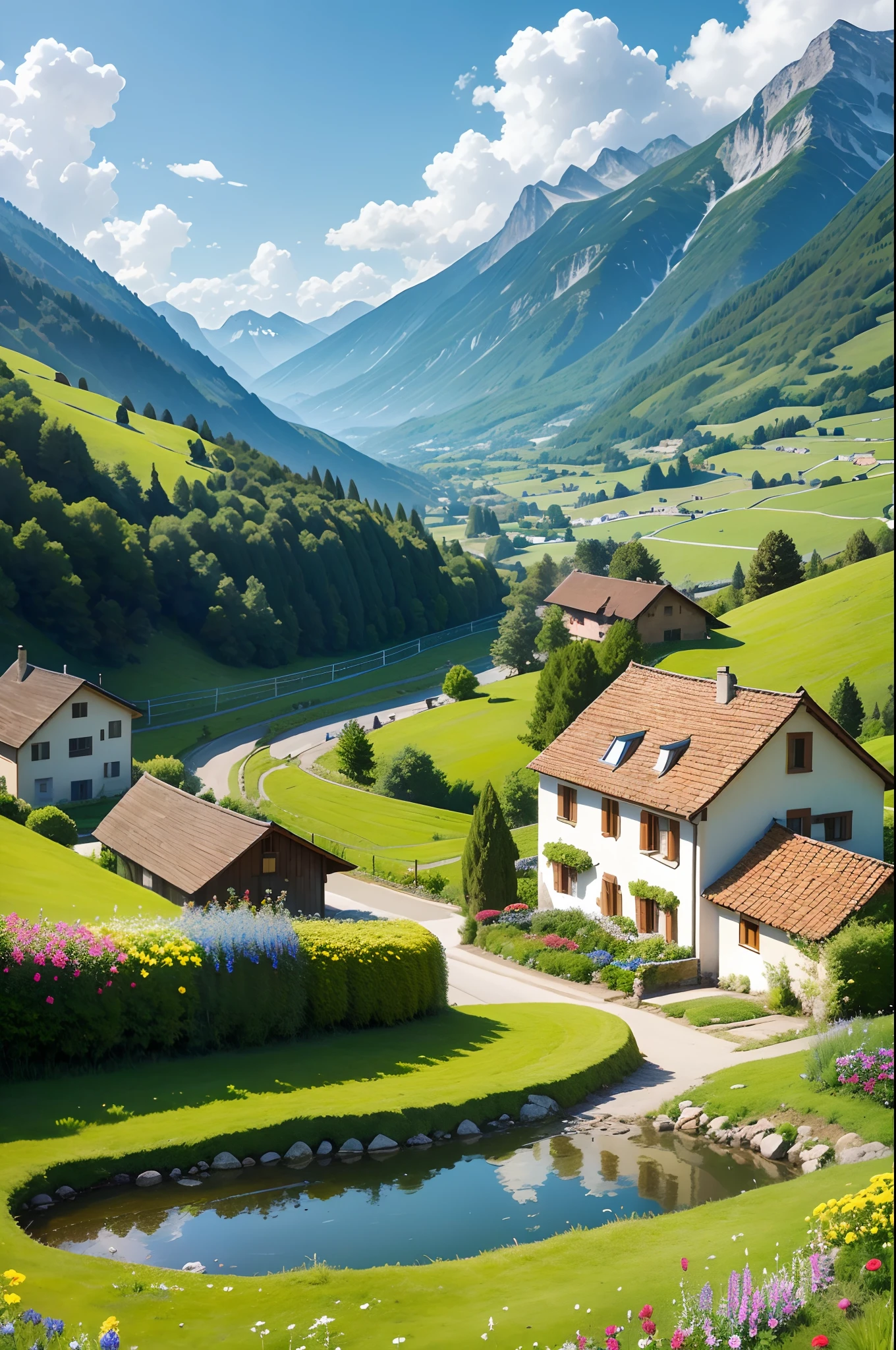 Peaceful and idyllic countryside, Rolling green hills dotted with grazing sheep, Charming villa，Set amidst vibrant flowers, Clear blue sky overhead, Evokes a sense of peace and simplicity, Valle encantador, switzerland, patches of green fields, lush countryside, Valle exuberante,An idyllic village in Milan,，verdant green fields，above a village，Rolling terraces，Colorful garden of flowers and plants，Alpine scenery in the Swiss countryside under the Alps，Carl Sessel Bern，Majestic nature, Swiss architecture, lindo cenario, rios，waterfallr