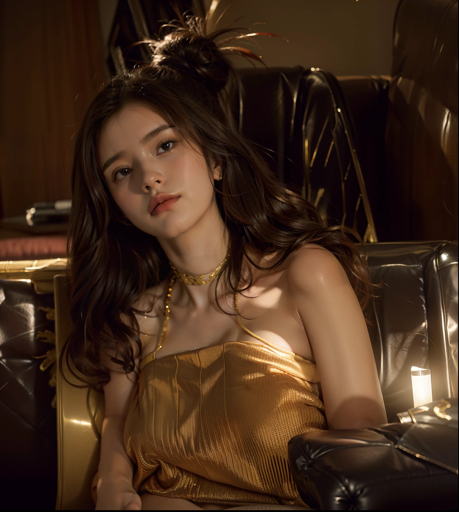 1girl,sitting on a cozy couch,crossing legs,soft light