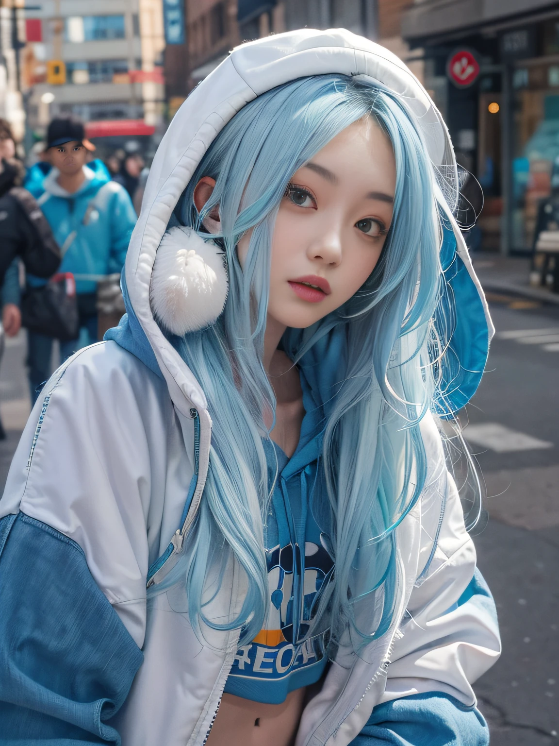 tmasterpiece，1girll，独奏，long whitr hair，blue hairs，hoody，cropped shoulders：1.2，mob cap，the street，hand on hips，hand on pockets，