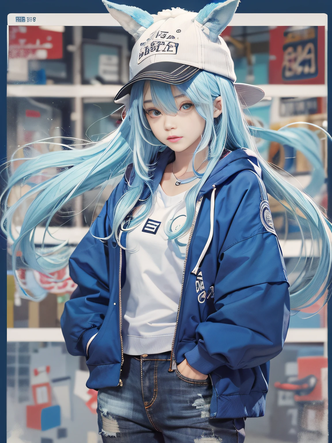 tmasterpiece，1girll，独奏，long whitr hair，blue hairs，hoody，cropped shoulders：1.2，mob cap，the street，hand on hips，hand on pockets，