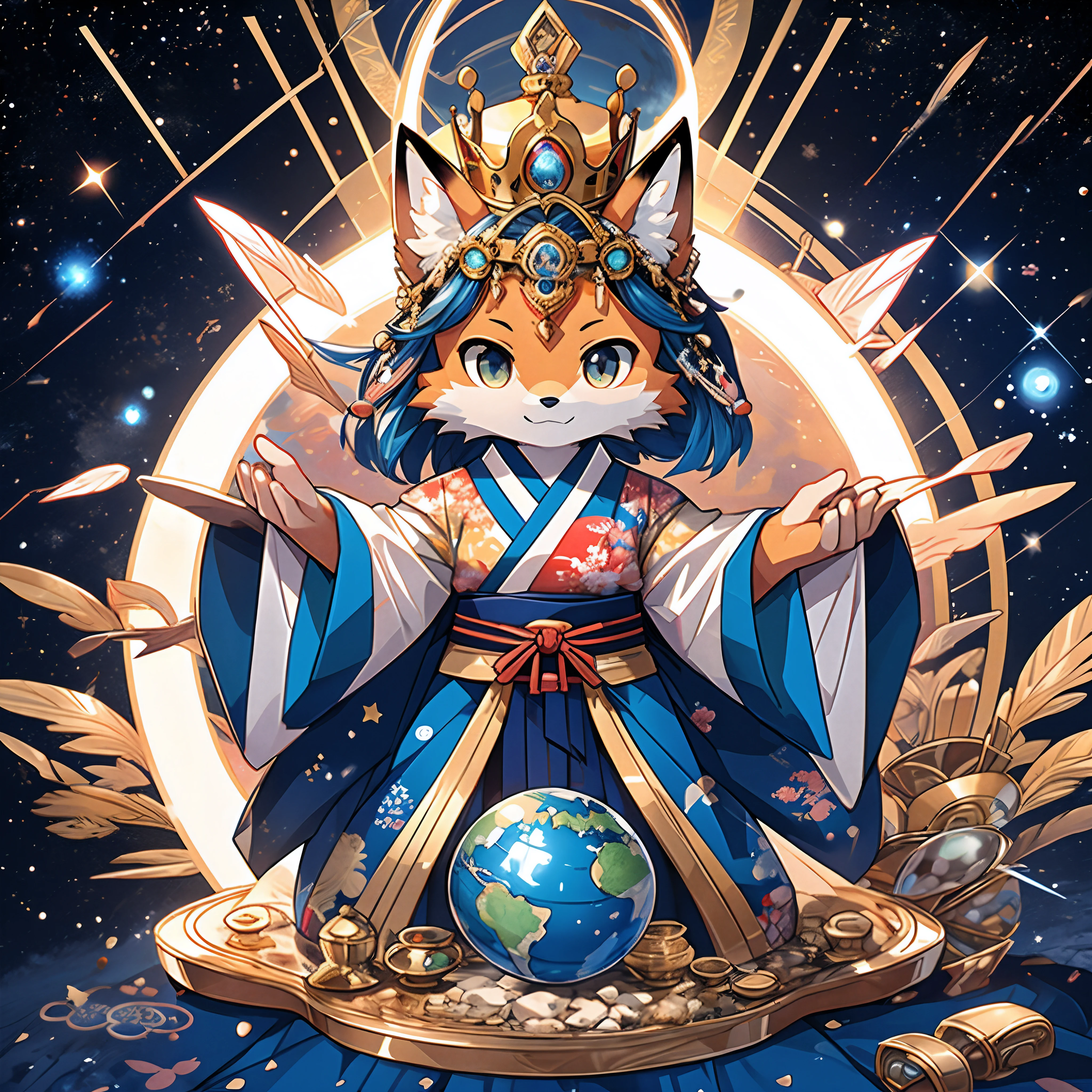 top-quality, masterpiece, High-density illustration, Icon Illustration, Full Body Display, (The Great God of the Japan of Creation), Cute Face Goddess, Fox Chibi Character, (Looking at the camera from the front, contrasted colors), Luxurious costume with Japan kimono motif, Crown of treasures on the head, Grasp objects randomly, (Ring of light on background:1.1, Descending from the Dark Space, Blue globe and sparkling constellations large and small)