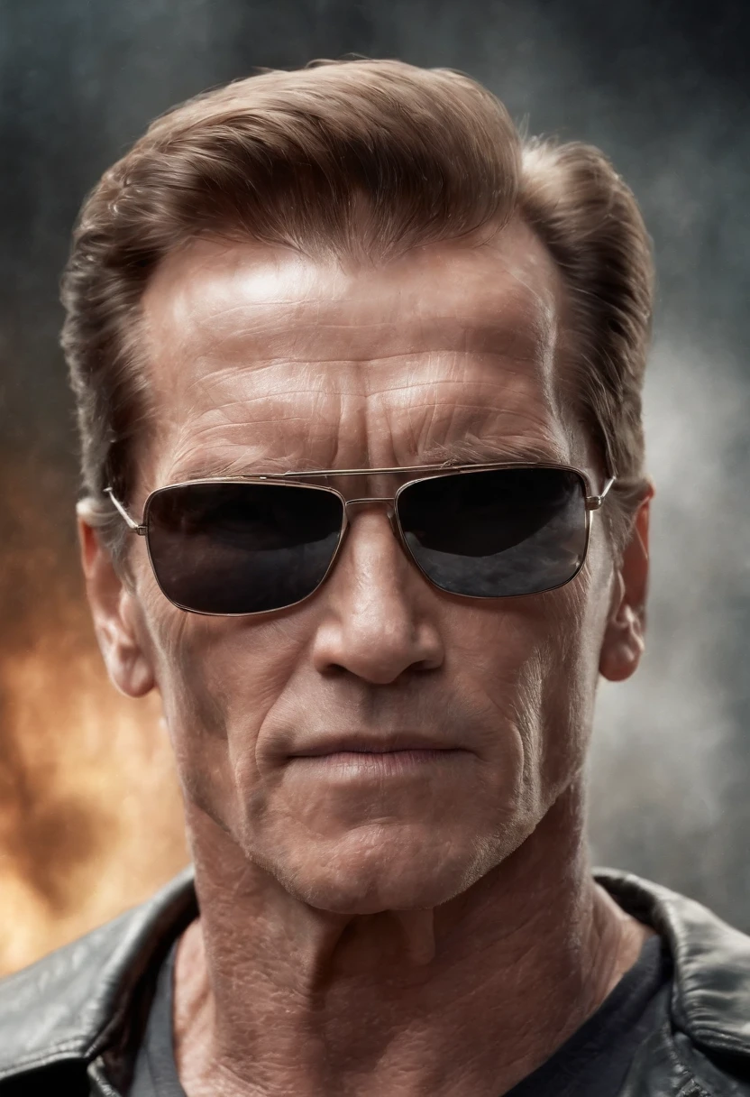 Text: "HELLO MAMA AI" a poster portrait of Terminator/Schwarzenegger with an intricate design