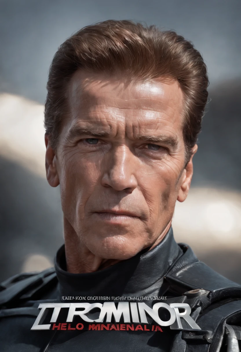 Text: "HELLO MAMA AI" a poster portrait of Terminator/Schwarzenegger with an intricate design