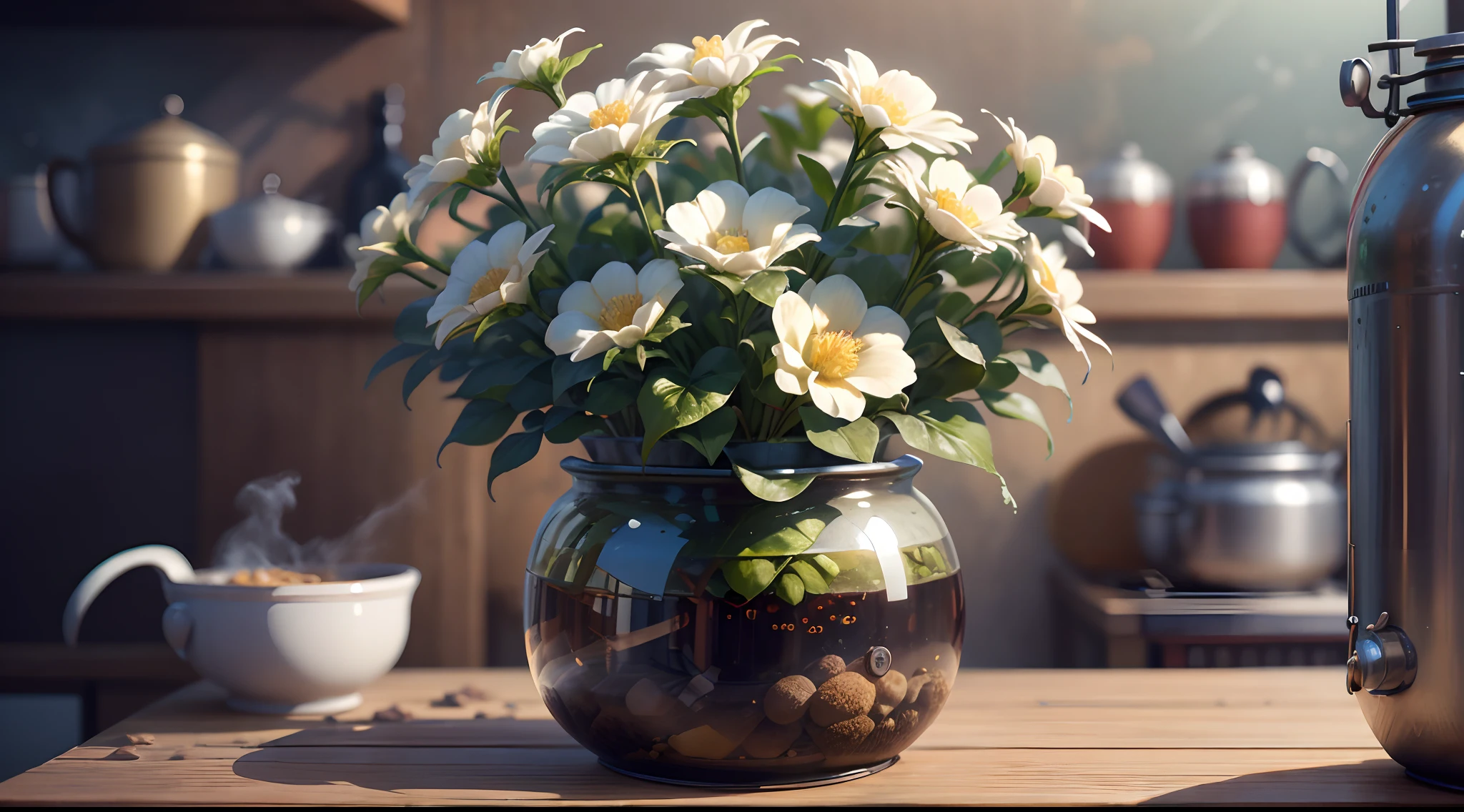 best qualtiy，tmasterpiece，超高分辨率，（photograph realistic：1.4），Dieselpunk AI:Kitchen background， [The blue Higan flower blooms in the flowerpot]。