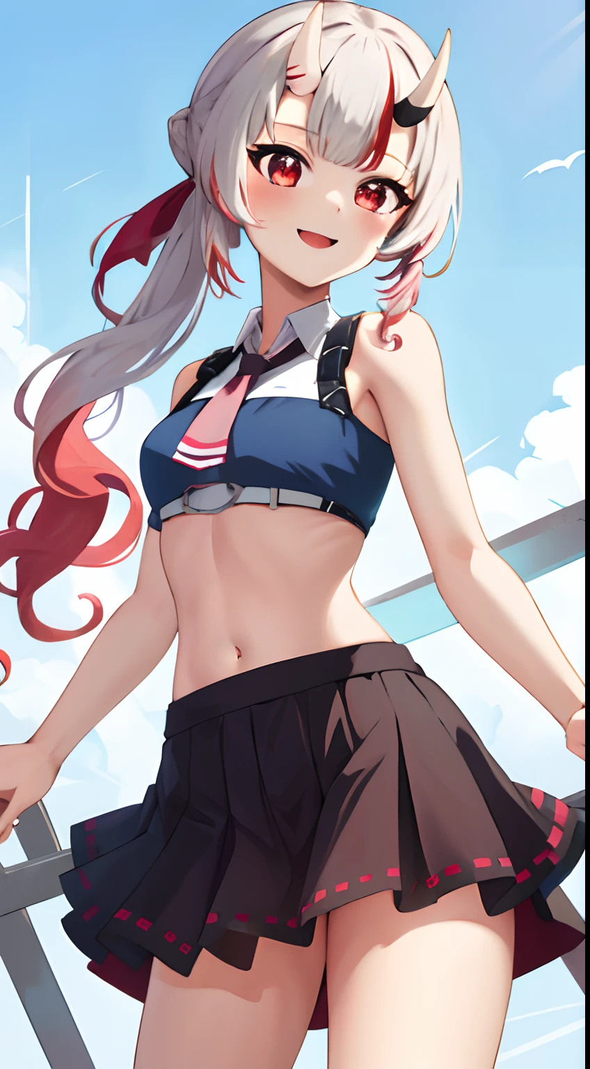 masutepiece, Best Quality, absurderes, Perfect Anatomy, 1girl in, Solo, Nakiri Ayame, Long hair, Ponytail, Cowboy Shot, front-tie top, croptop, skirt by the, Smile