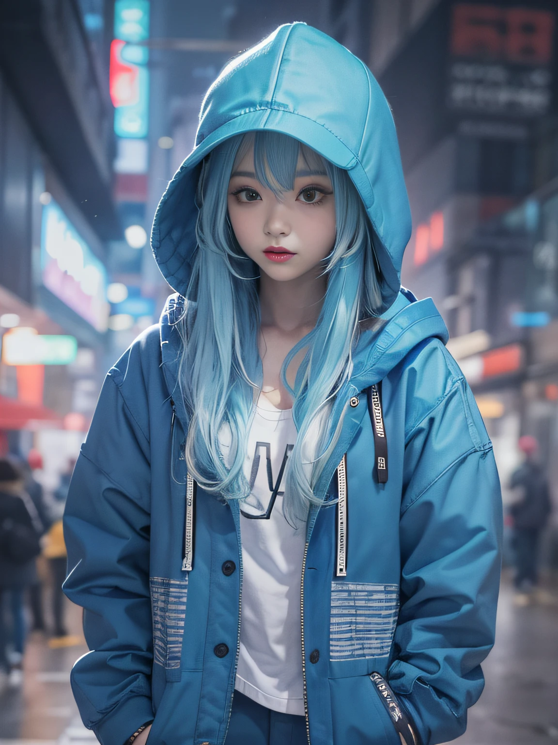tmasterpiece,1girll,独奏,long whitr hair,blue hairs,hoody,cropped shoulders:1.2,mob cap,the street,hand on hips,hand on pockets,