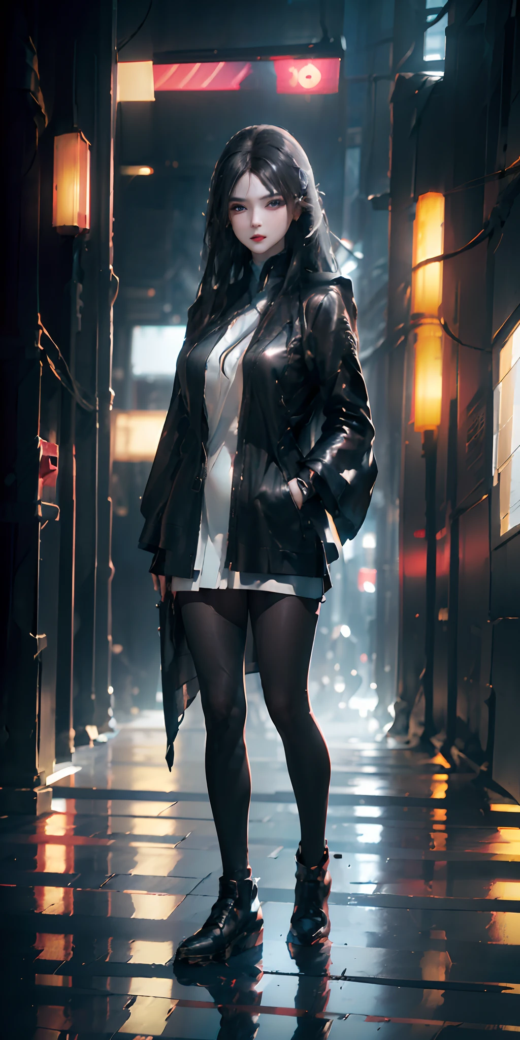 ((top-quality)), (((​masterpiece)), (detaileds: 1.4), 3D, Beautiful Cyberpunk Woman Image, bob cuts, Broken black tights, leather clothes, Electromechanical, nffsw(HighDynamicRange), Ray traching, NVIDIA RTX, Hyper-Resolution, Unreal 5, Sub-surface scattering, PBR Texture, Postprocess, Anisotropy Filtering, depth of fields, Maximum sharpness and acutance, Multilayer Texture, Albedo and Highlight Maps, Surface Coloring, Accurate simulation of light-material interactions, perfectly proportions、octane renderings、two tone lighting、Large aperture、Low ISO、White Balance、thirds rule、8K Raw、​masterpiece、top-quality、(8k extremely detailed CG unit wallpaper)(top-quality)、(The best illustrations)、(Best Shadows), blue eyes, long hair, big tits, super detailed hand