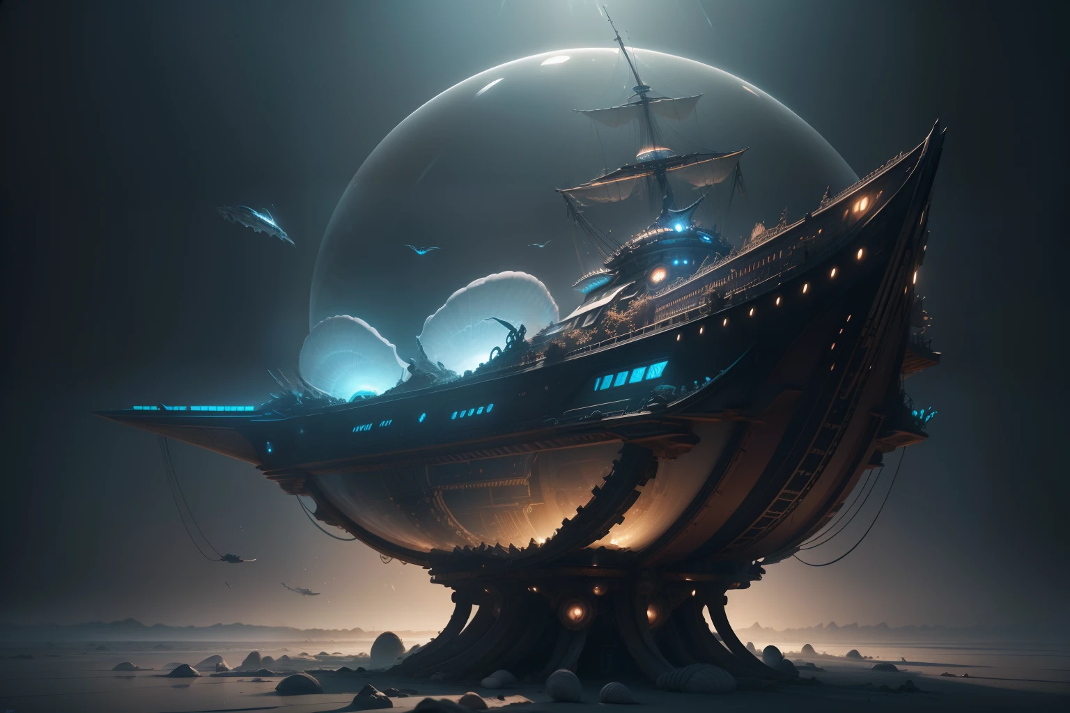 Intricate 3D rendering of hyper-detailed porcelain (Demon Time Machine Ancient Alien Submarine,Transparent floating shell,The background is solid black:1.2), machine parts, Beautiful soft light, rim-light, vibrant detail, Luxurious cyberpunk, Hyperrealistic, anatomically, Cable Electrical Wire, micro Chip, elegant, Beautiful background, rendering by octane, apple style, 8K, Best quality, Masterpiece, illustration, Extremely delicate and beautiful, CG, Unity, the wallpaper, (Realistic, photo-realistic:1.2), Amazing, finedetail, Masterpiece, Best quality, offcial art, Extremely detailed Cg Unity 8K wallpapers, unbelievable Ridiculous, Mechanical skeleton, Android, surrealism, Doomsday wasteland, (high-tech prosthetics:1.2), Navy blue glowing cyber ship