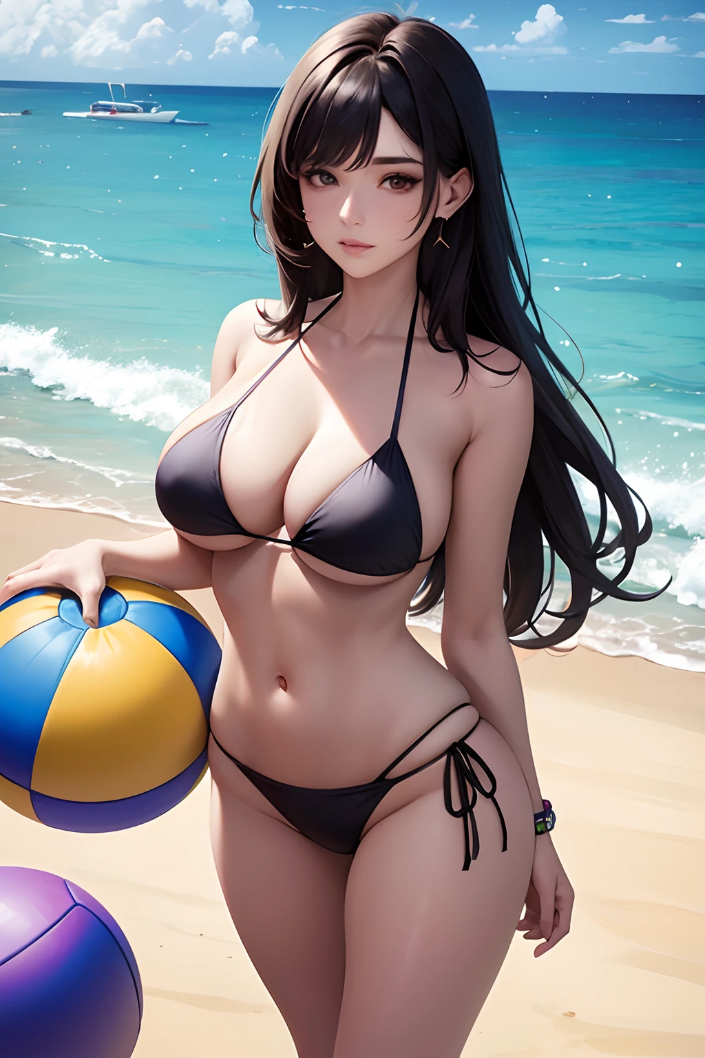 masterpiece,best, 1mujer, cabello_largo_violeta, cuerpo_grande foto_cuerpo_entero, playa, bikini_little guy_de_encajes, resolucion 4k.
Playa, jugando bolleyball