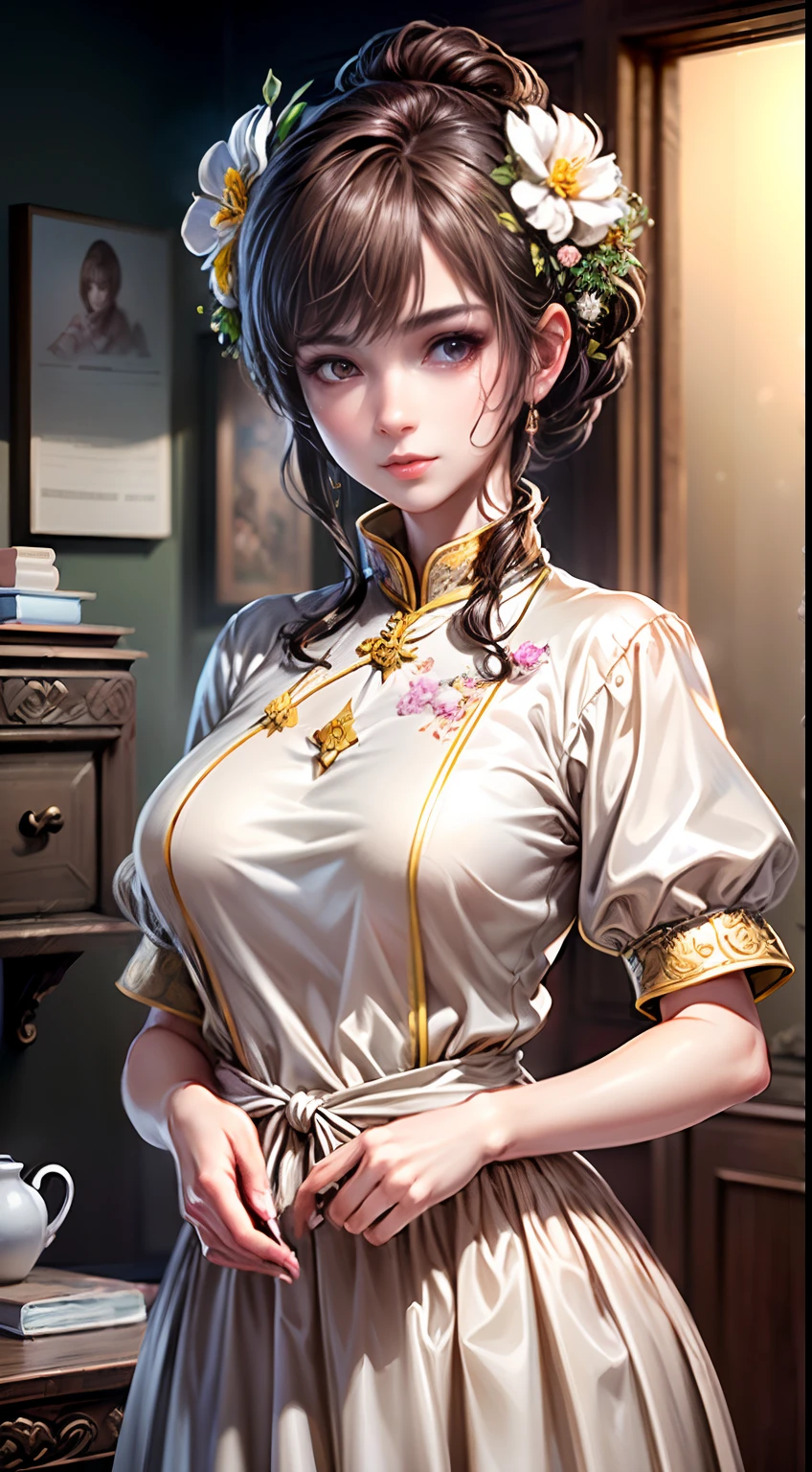 (Best quality, Masterpiece, Extremely detailed CG, Game CG:1.5), full bodyesbian,1 girl,An extremely delicate and beautiful girl, Extremely detailed eyes and face, beautiful detailed glow,Lagasprín，on cheongsam，Medium breast, illustration, Cinematic lighting, Best shadow,(White background:1.3)