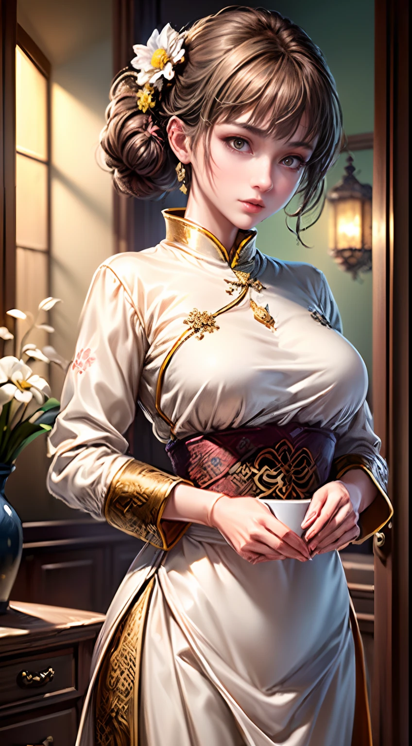 (Best quality, Masterpiece, Extremely detailed CG, Game CG:1.5), full bodyesbian,1 girl,An extremely delicate and beautiful girl, Extremely detailed eyes and face, beautiful detailed glow,Lagasprín，on cheongsam，Medium breast, illustration, Cinematic lighting, Best shadow,(White background:1.3)