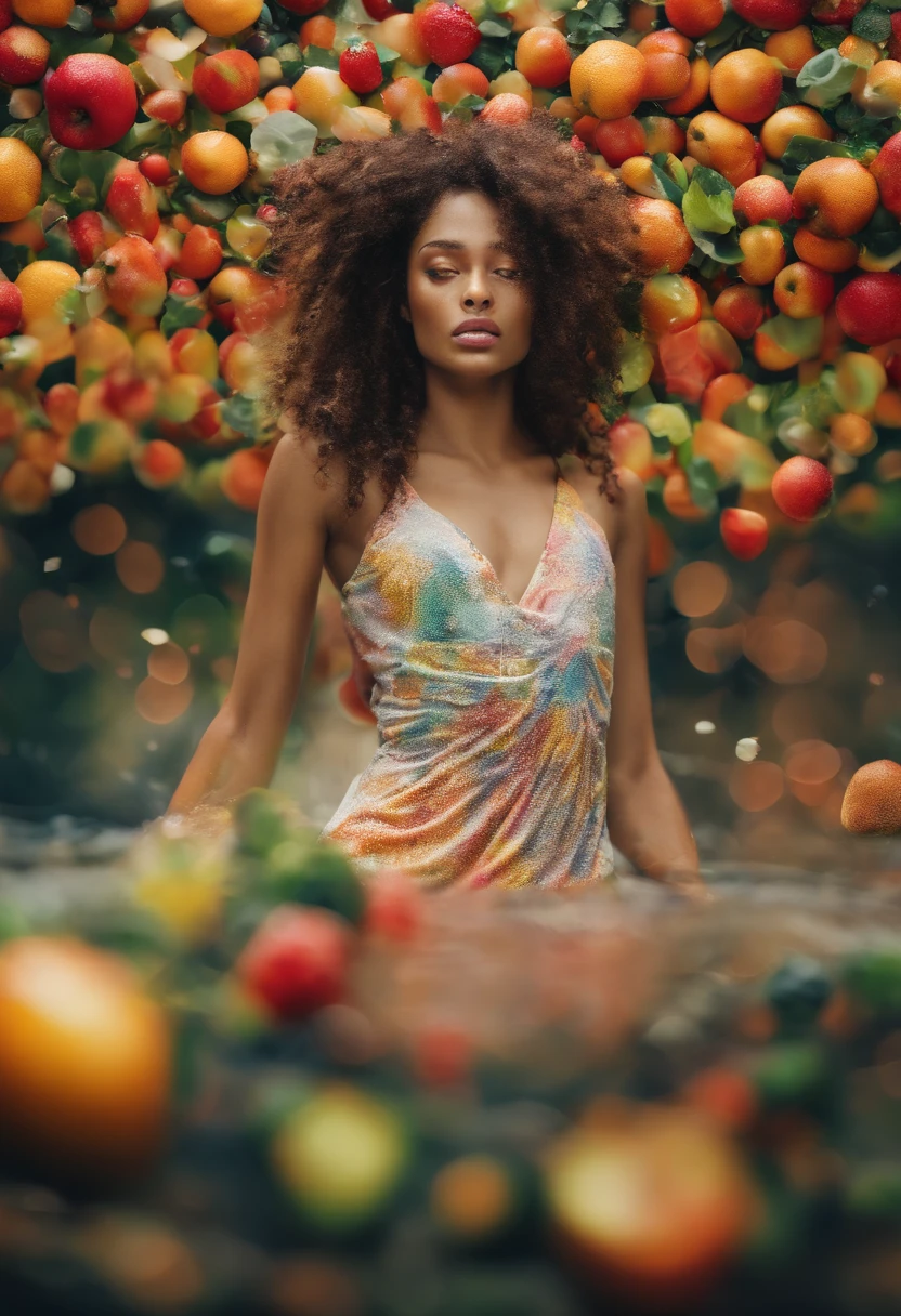 Umamulher em um vestido  fino, cabelos molhados, Chuva de frutas, Foto do produto de morango,uva,Kiwi falling into the water,As roupas estavam encharcadas de chuva, A pele fica exposta, messy hair, nariz blush, High detail, Close-up,oto RAW cinematic，foto ultra real，Ultra foto Realsisim，Digital SLR，soft lighting，、Drippy、Splash clear liquid、water bloom，dynamic compositions，(master part) (melhor qualidade) (circunstanciado) (Cinematic lighting) (foco nítido) (intrincado), master part, melhor qualidade, ultra-highresolution, 8k UHD,olhos detalhados_Xl, Detalhador Furtástico