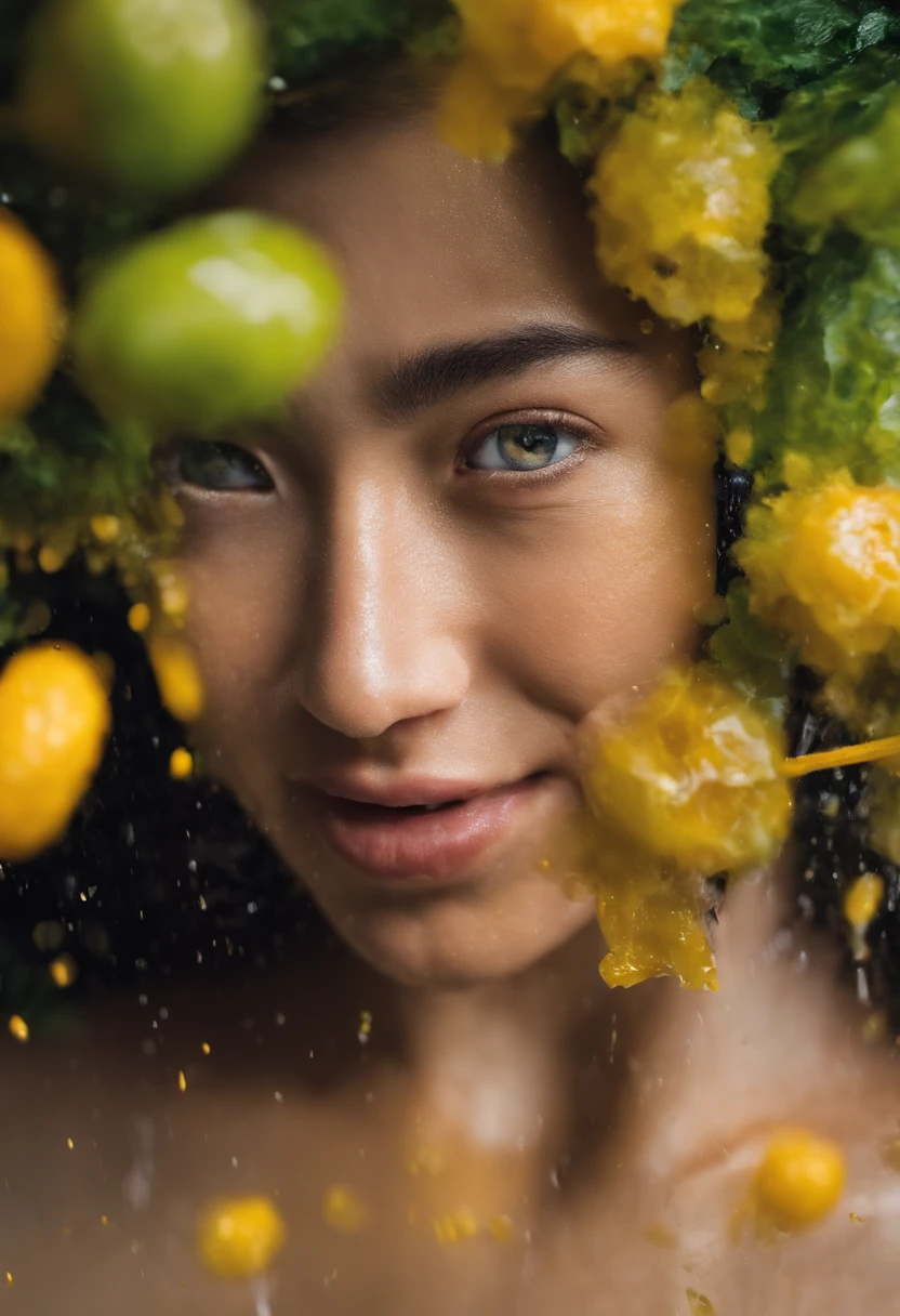 Umamulher em um vestido  fino, cabelos molhados, Chuva de frutas, Foto do produto de morango,uva,Kiwi falling into the water,As roupas estavam encharcadas de chuva, A pele fica exposta, messy hair, nariz blush, High detail, Close-up,oto RAW cinematic，foto ultra real，Ultra foto Realsisim，Digital SLR，soft lighting，、Drippy、Splash clear liquid、water bloom，dynamic compositions，(master part) (melhor qualidade) (circunstanciado) (Cinematic lighting) (foco nítido) (intrincado), master part, melhor qualidade, ultra-highresolution, 8k UHD,olhos detalhados_Xl, Detalhador Furtástico