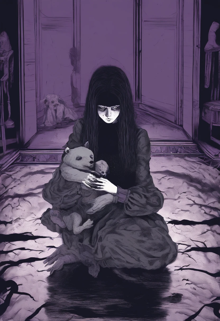 Une adolescente triste avec une tenue ta, on knees, tenant un ours en peluche, in the middle of a dark purple room, shadow monsters around her, Shadow hands, traumatisme