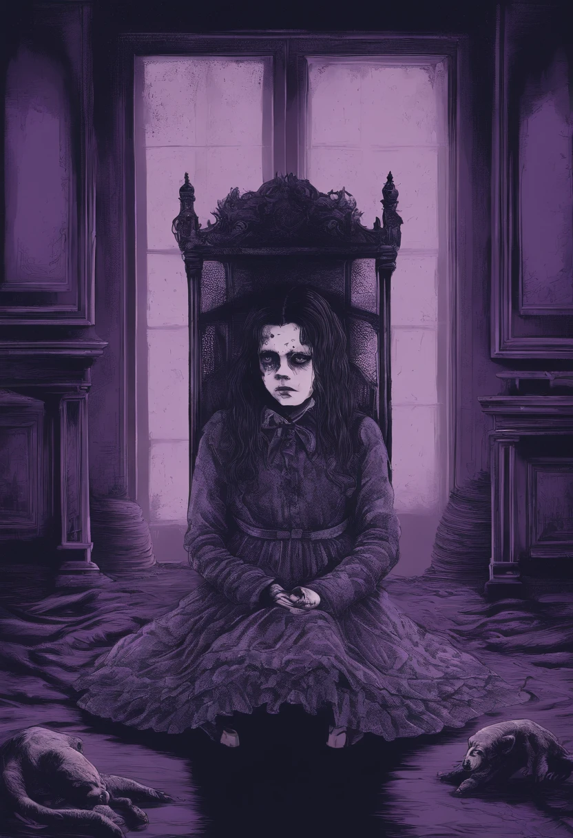 Une adolescente triste avec une tenue lolita, on knees, tenant un ours en peluche, in the middle of a dark purple room, shadow monsters around her, Shadow hands, traumatisme