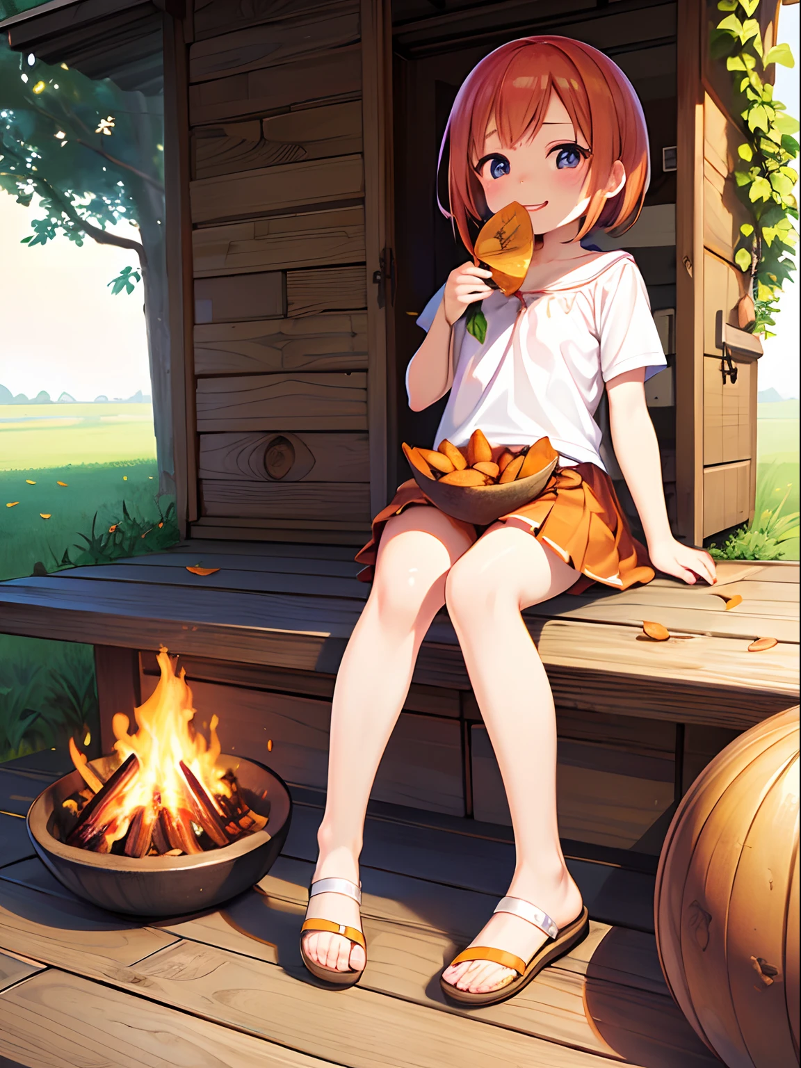 (masutepiece, of the highest quality, superfine illustration, Realistic, Detailed background: 1.4), *********** eating baked sweet potatoes、Very happy expression、very very short skirt、Orange underwear、leaves falling、bonfire