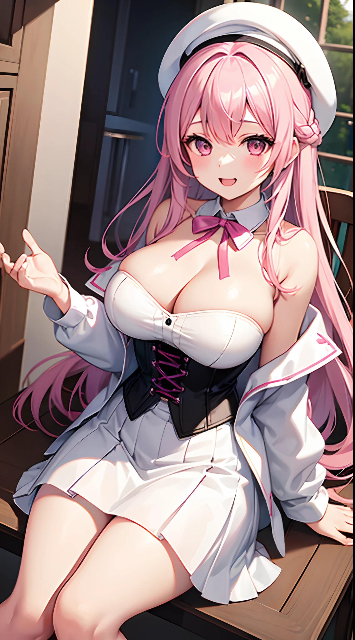 1 girl, game CG, white dress, cleavage visible, shoulders visible, corset, white short skirt, white jacket, neck ribbon, white beret, gigantic breasts, pink hair, long hair, straight hair, ahoge, pink eyes, park, smile , open your mouth, sit down,