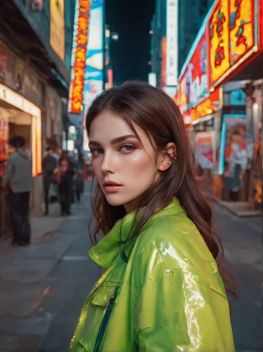 A tenacious female journalist uncovering a high-stakes conspiracy in a bustling metropolis, weaving through crowded streets and dark alleyways, holding her mobile, close up, Detailed clothes, green eyes, flowing brown hair, determined expression, shiny glossy skin, subsurface scattering, (sharp:0.7), [(colorful explosion psychedelic paint colors:1.21)::0.05], amazing fine detail, Nikon D850 film stock photograph Kodak Portra 400 camera f1.6 lens, rich colors, lifelike texture, dramatic lighting, urban environment, skyscrapers, neon signs, street vendors, dynamic composition, unreal engine, trending on ArtStation, cinestill 800 tungsten
