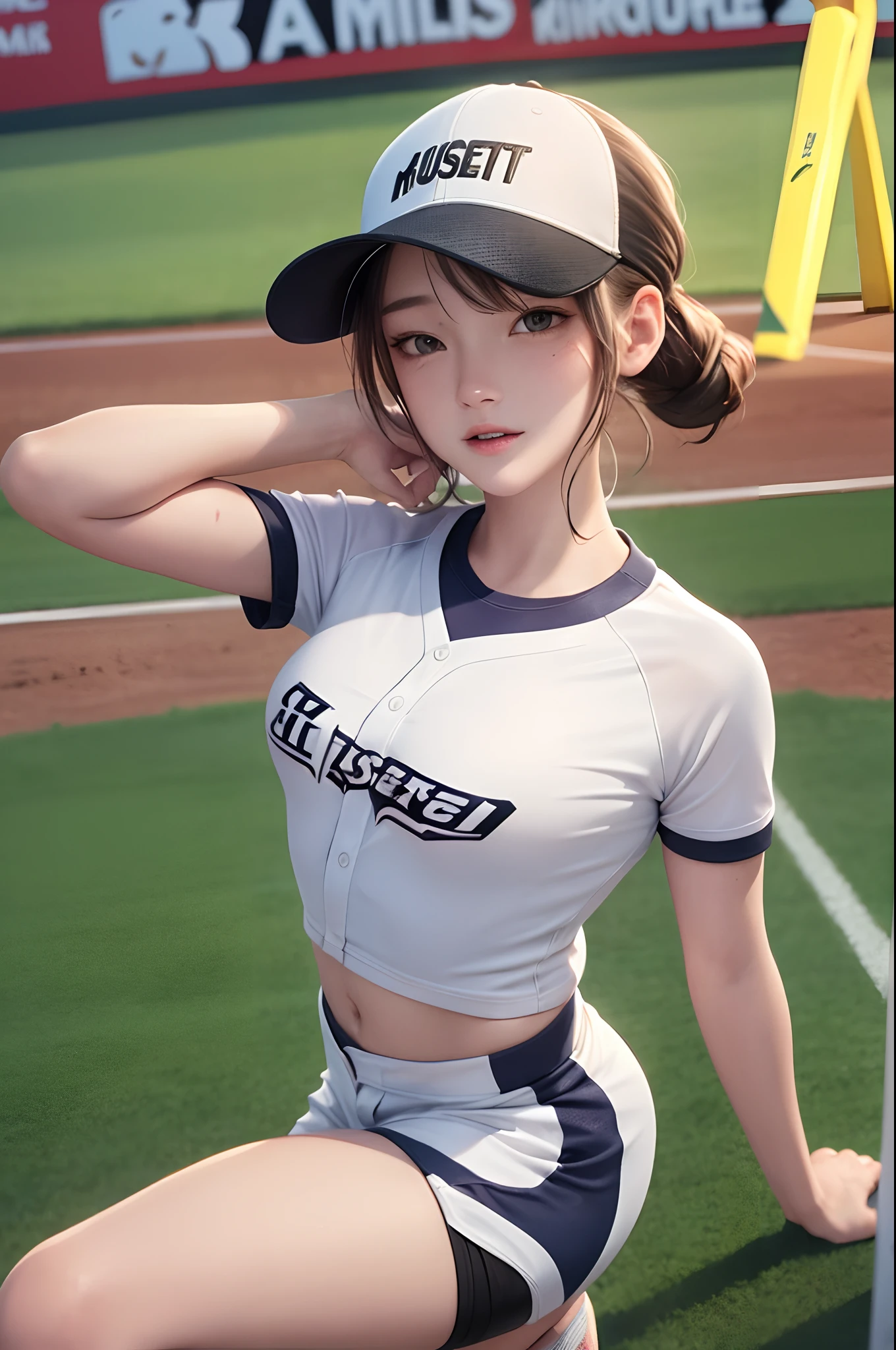 (Best Quality,8K,hight resolution,masuter piece:1.2),Ultra-detailed,Realistic:1.37,Portrait,Dynamic Angle,Women's Softball Players,Teenage girl,small head,Cute,Sporty,Charming face,Detailed beauty face,Very realistic skin,Wet skin,Sweat,Large breasts,Narrow waist,nice legs ,Sporty,Softball Venues,Cinematic lighting,