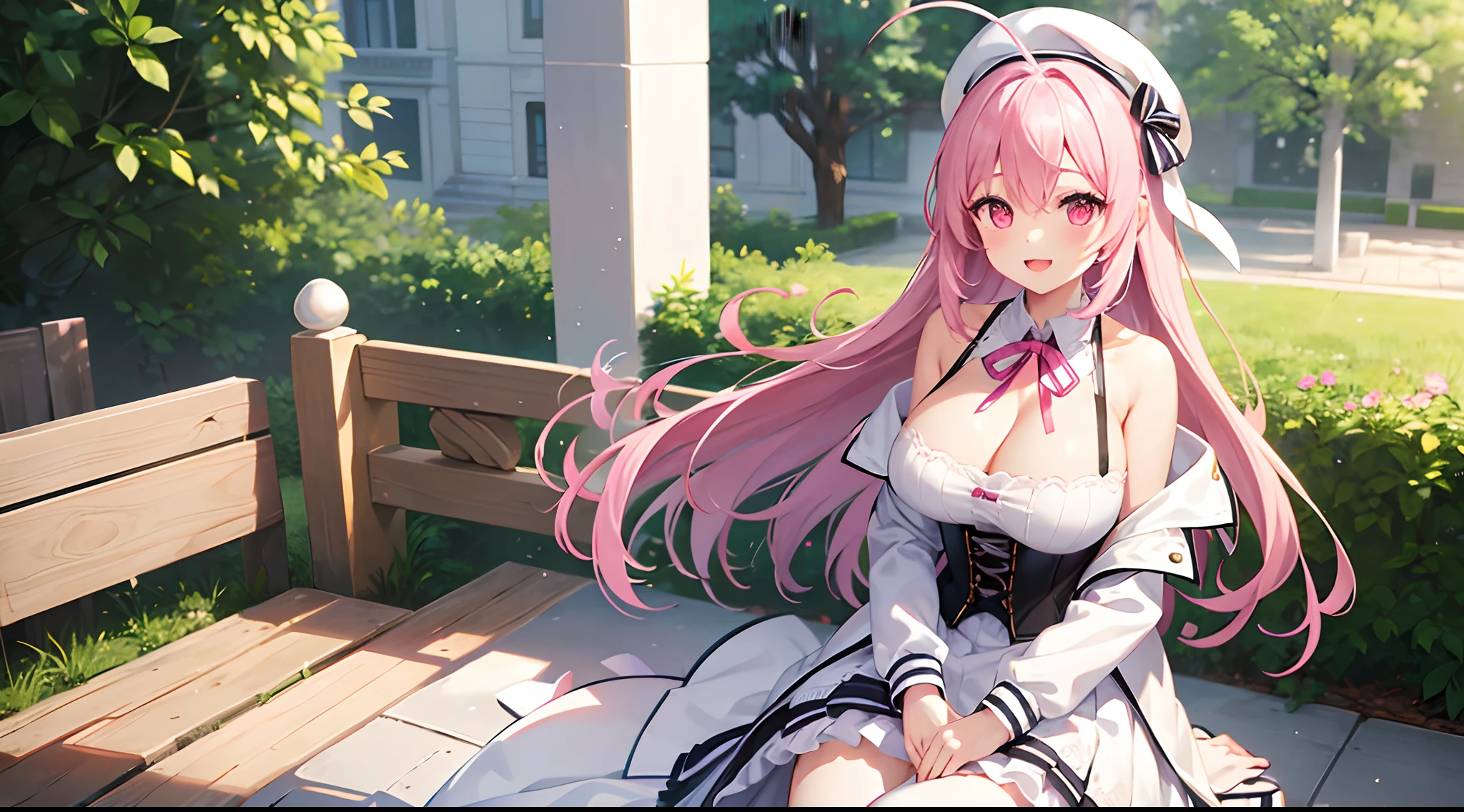 1 girl, game CG, white dress, cleavage visible, shoulders visible, corset, white short skirt, white jacket, neck ribbon, white beret, gigantic breasts, pink hair, long hair, straight hair, ahoge, pink eyes, park, smile , open your mouth, sit down,