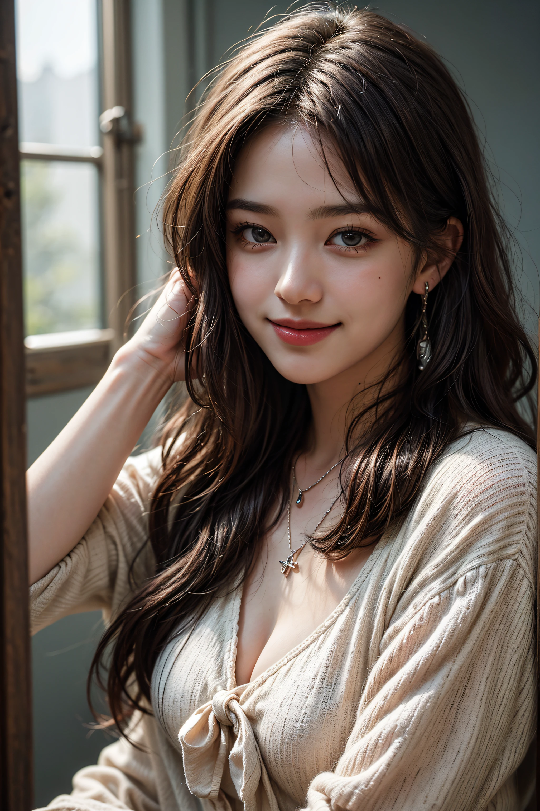 masterpiece, ultra high res, (photorealistic:1.4), raw photo, 1girl poses for photo, wavy long hair, earrings necklaces, light smile, good lighting, cinematic film color grading
