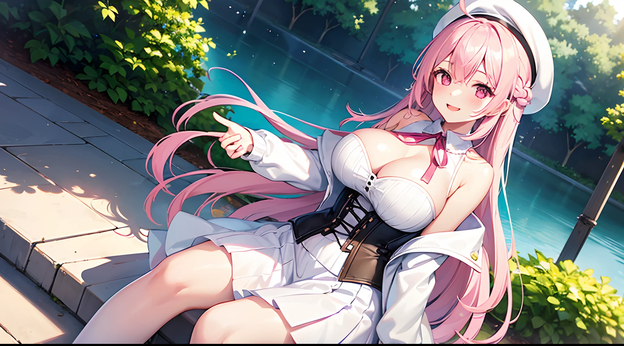 1 girl, game CG, white dress, cleavage visible, shoulders visible, corset, white short skirt, white jacket, neck ribbon, white beret, gigantic breasts, pink hair, long hair, straight hair, ahoge, pink eyes, park, smile , open your mouth, sit down,
