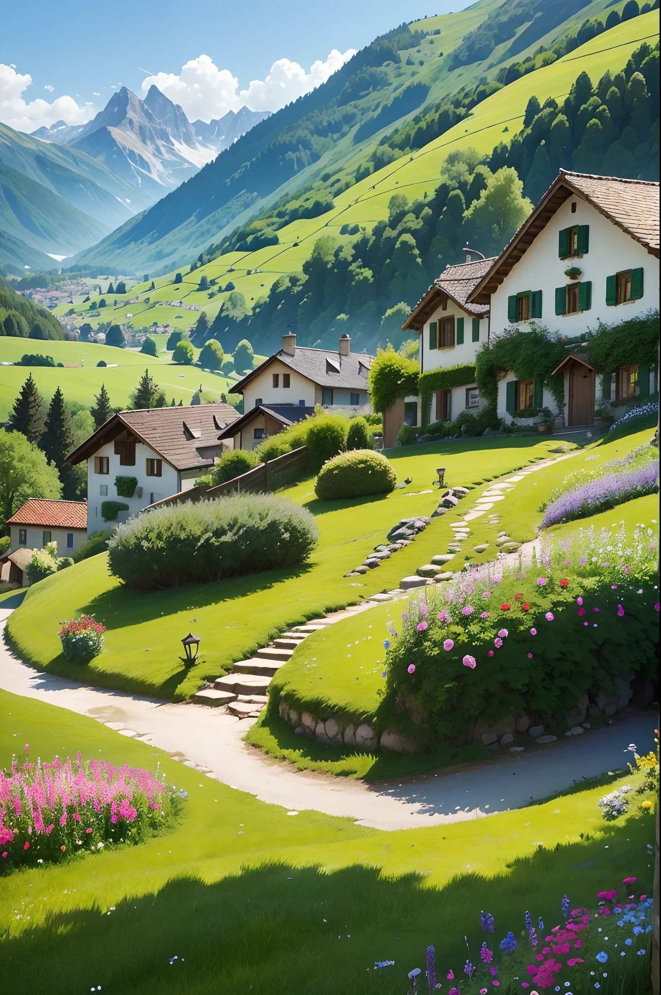 Peaceful and idyllic countryside, Rolling green hills dotted with grazing sheep, Charming villa,Set amidst vibrant flowers, Clear blue sky overhead, Evokes a sense of peace and simplicity, Valle encantador, switzerland, patches of green fields, lush countryside, Valle exuberante,An idyllic village in Milan,,verdant green fields,above a village,Rolling terraces,Colorful garden of flowers and plants,Alpine scenery in the Swiss countryside under the Alps,Carl Sessel Bern,Majestic nature, Swiss architecture, lindo cenario, rios,waterfallr