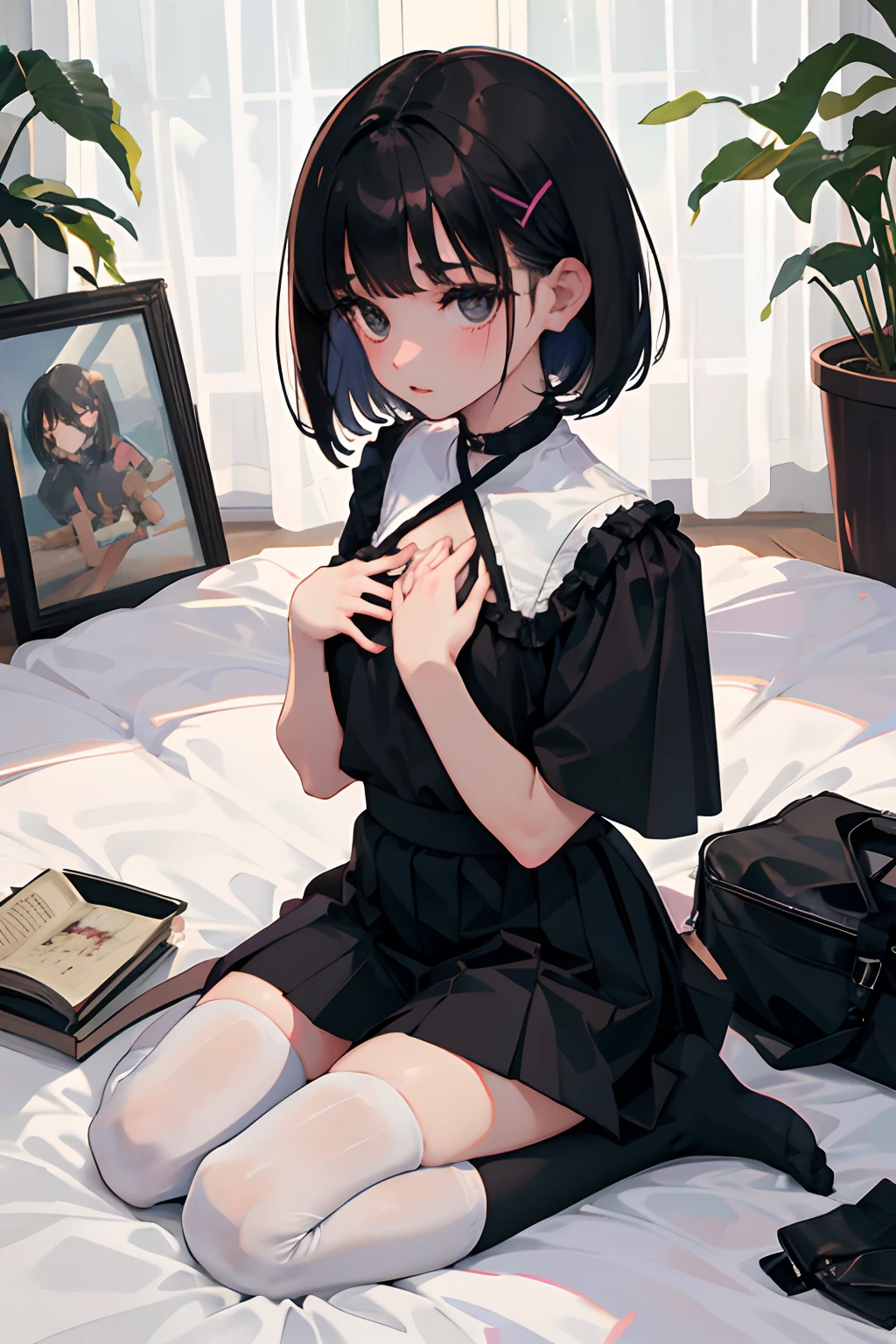 child,crouching down,((hands on own chest)),(masterpiece,Highest Quality),zettai ryouiki thighhighs,pleatedskirt,Short sleeve blouse,pupils,A dark-haired,Medium bob,Black socks,Thin leg