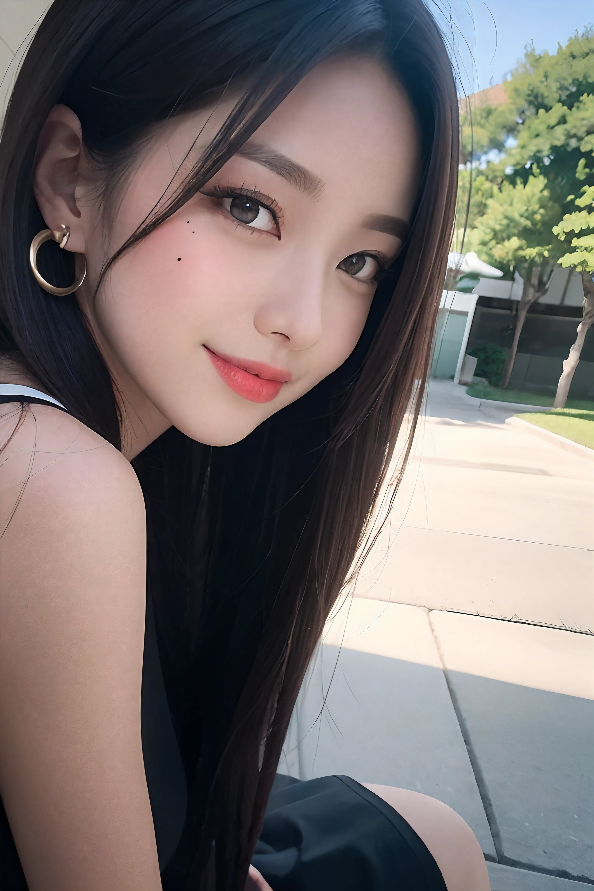 Black hair, hair bobbles, longeyelashes, Solid Circle Eyes, lightsmile, Mole under the eyes, Heart Earrings, lightsmile, Shy, puckered lips, surrealism, drop shadow, stereograms, POV, Atmospheric perspective, depth of fields, One-person viewpoint, F/1.8, 8K, Super Detail, ccurate, Best Quality, hight resolution, Best Quality,Full body