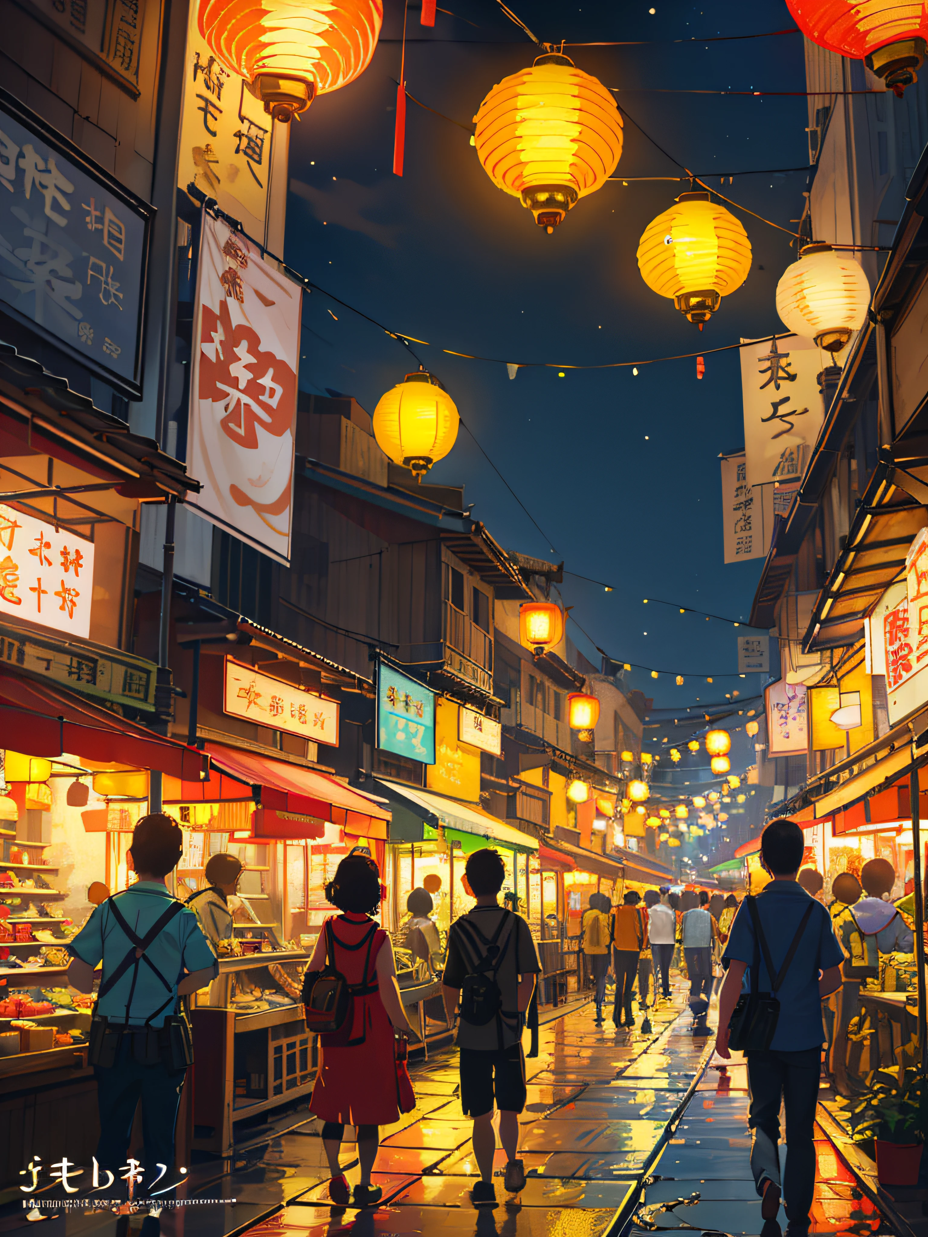 City summer festival, oriental design, hanging yellow light lanterns, digital painting, fireworks,concept art, illustration, intricate, many people, hanging lights, happy, beautiful colorful light, flower, plants ((tileset))