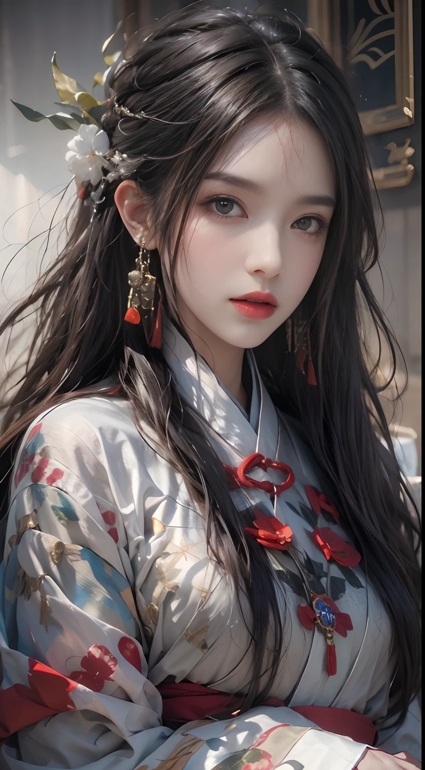 Photorealistic, high resolution, 1 woman, Hips up, Beautiful eyes, Long hair, ringed eyes, jewelry, tattoo, Hanfu, Chinese fairy, Taoist uniform