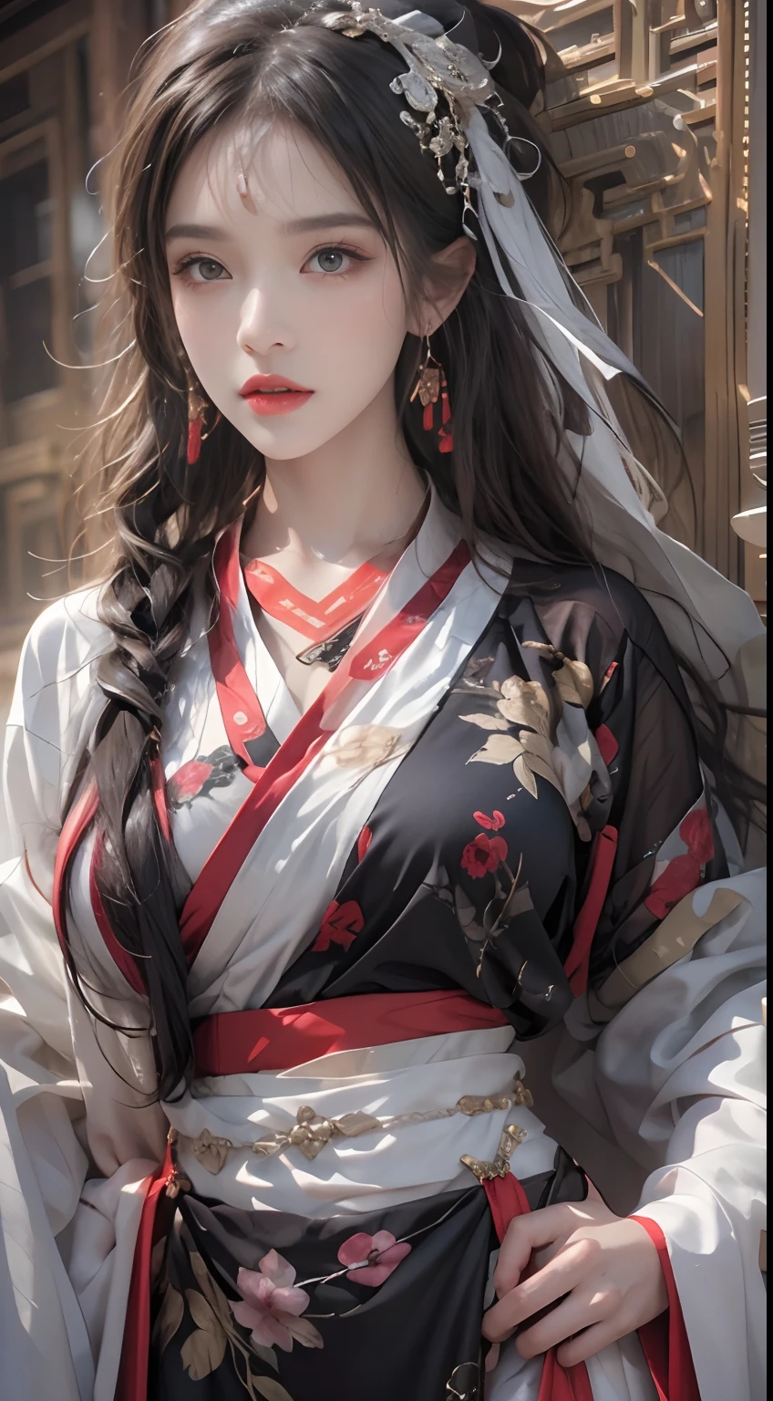 Photorealistic, high resolution, 1 woman, Hips up, Beautiful eyes, Long hair, ringed eyes, jewelry, tattoo, Hanfu, Chinese fairy, Taoist uniform