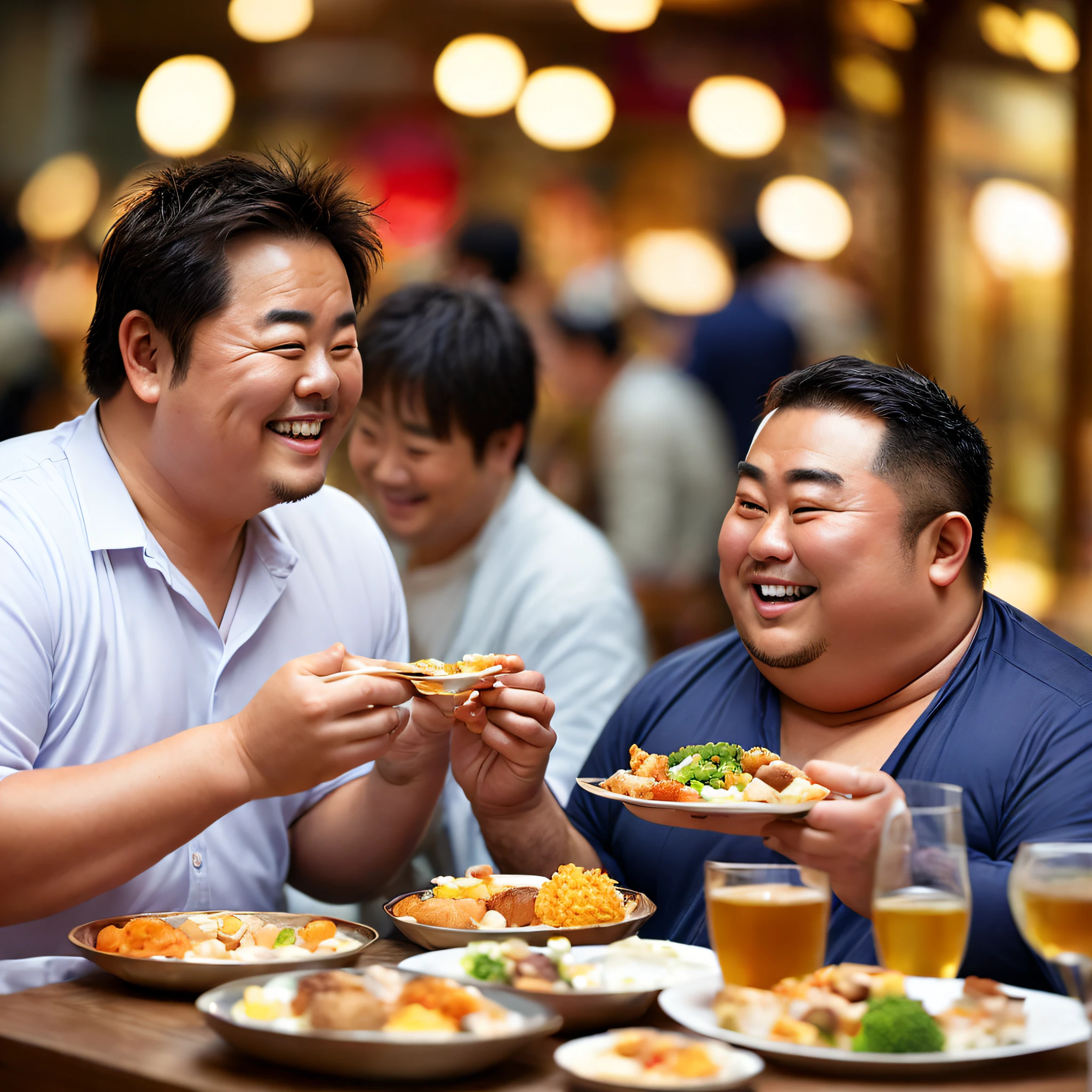 bokeh feeling、portlate、real man、man、Fat men、fat man、Japan men、during a meal、eating、eating foods、a smile、smailing、big、giant,big eyes、many foods、delicious foods