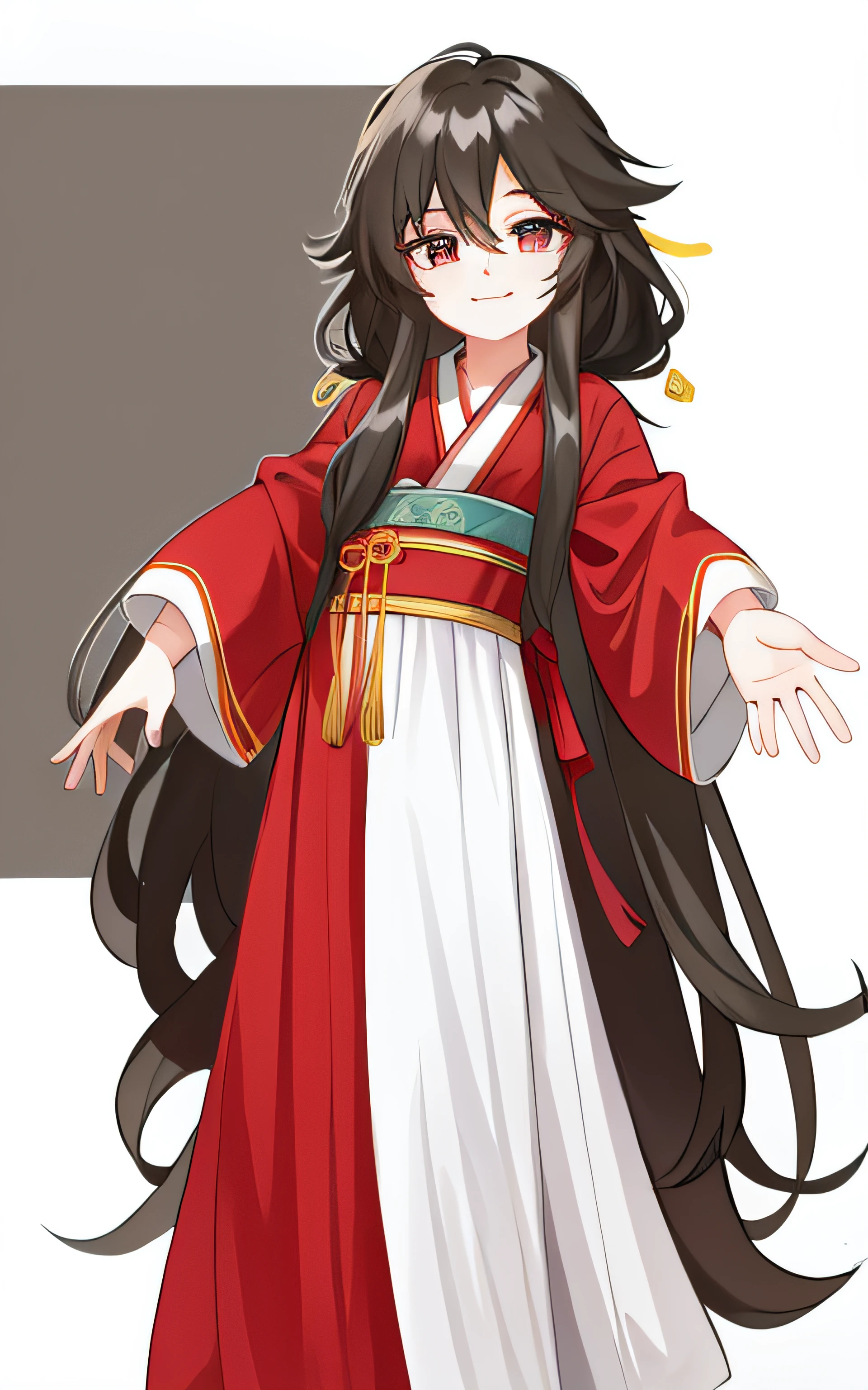 Long hair cartoon boy in red and white dress, Palace ， A boy in Hanfu,  flowing hair and long robes,ssmile，Biye