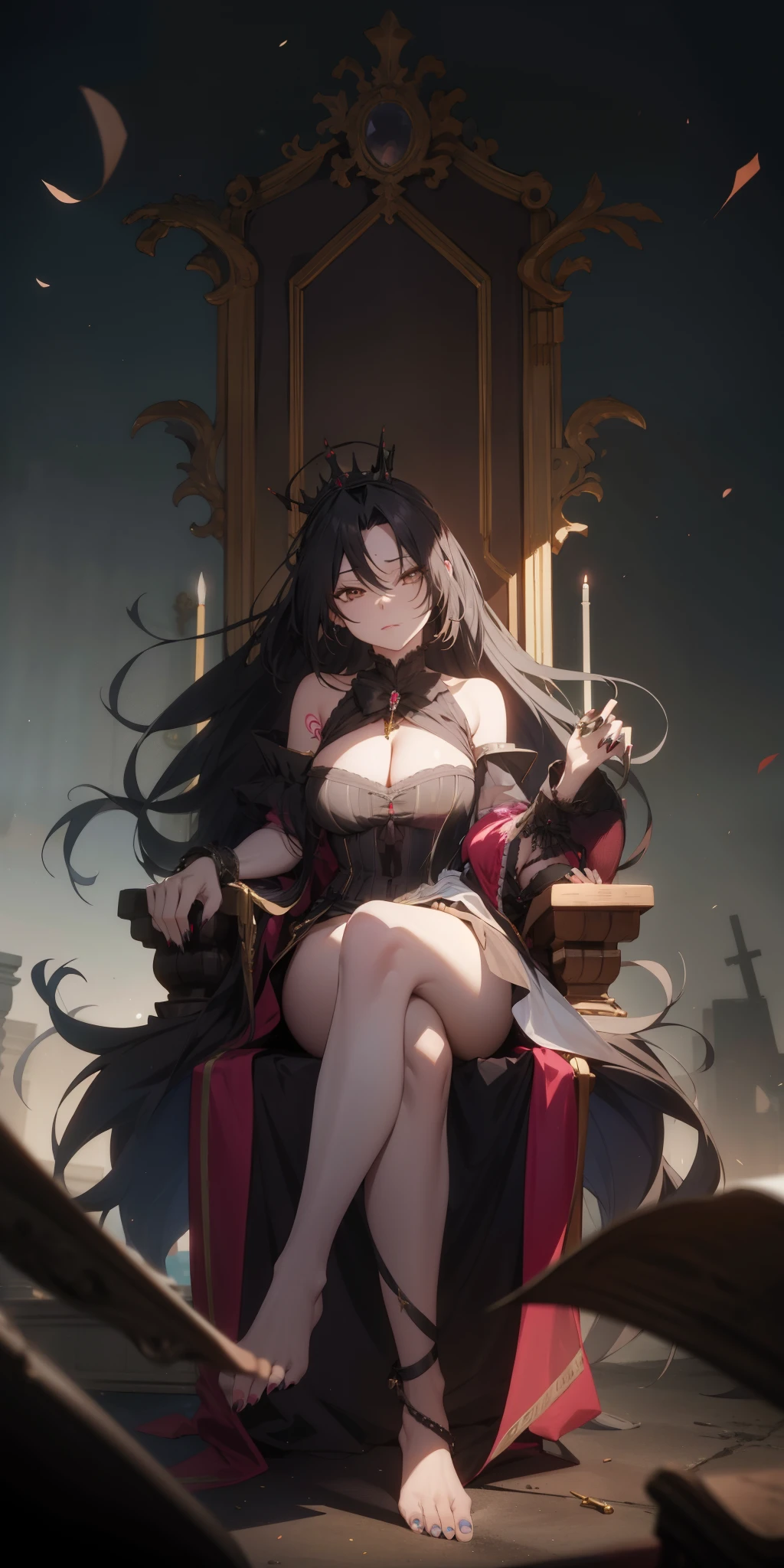 dominique_de_sade, (black hair, long hair, brown eyes:1.4), , forehead,1girl, throne, breasts, sitting, black_hair, barefoot, crossed_legs, large_breasts, nail_polish, solo, crown, skull, cleavage, blue_eyes, looking_at_viewer, armchair, closed_eyes, chair, dress, full_body, long_fingernails, jewelry, long_hair, fingernails, tattoo