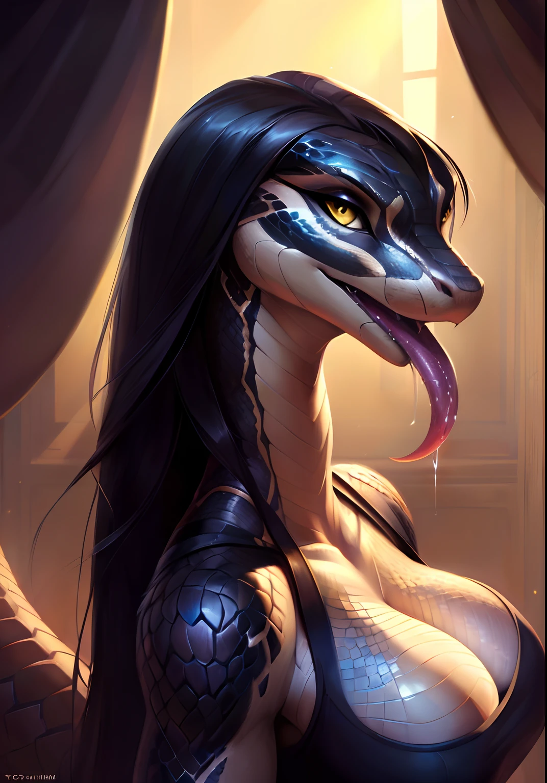 uploaded on e621, by Pixelsketcher, by Bayard Wu, by Thomas Benjamin Kennington , by Einshelm, solo anthro, (( portrait)), BREAK, ((wear wet  tanktop)), very sweaty, ((mouth open, long reptiletongue out, saliva dripping)), (detailed Bonifasko lighting), (detailed scales), (detailed skin), (rattle snake, rattle snake, rattle snake), (extremely long neck), (her own hands holding her own breast), BREAK, ((long thick tail)), ((long black hair)), ((facing viewer)), (cinematic lighting), ((detailed background)), ((face portrait view)), (((face view))), (half body shadow), [backlighting], [crepuscular ray], [detailed ambient light], [gray natural lighting], [ambient light on the belly], (higher wildlife feral detail), [explict content], [sharp focus], (questionable content), (shaded), ((masterpiece), her own hands holding her own breast, long hair, medium breasts, [saliva dripping] breasts, furry rattle snake, snake face, furry Fantasy Art, furry Art, Commission for High Res, anthro Art, POV furry Art,Sakimichan beautiful, masterpiece, medium breasts, best quality, detailed image, bright colors, detailed face, perfect lighting, perfect shadows, perfect eyes, girl focus, yellow eyes, flawless face, big breasts, extremely long neck, face focus, ((long thick tail on her hand)) snake ears, snake girl, scales, scales woman, snake nose, large long muzzle, long black hair, colorful scales, gaze at the viewer, half-closed eyes, 1girl, solo, (masterpiece:1.21), (best quality:1.2), (illustration:1.2), (cinematic lighting:1.3), long hair, detailed scales, balanced coloring, global illumination, ray tracing, good lighting, scales, anthro, showing breasts, cleavage, looking at viewer, seductive look, SFW