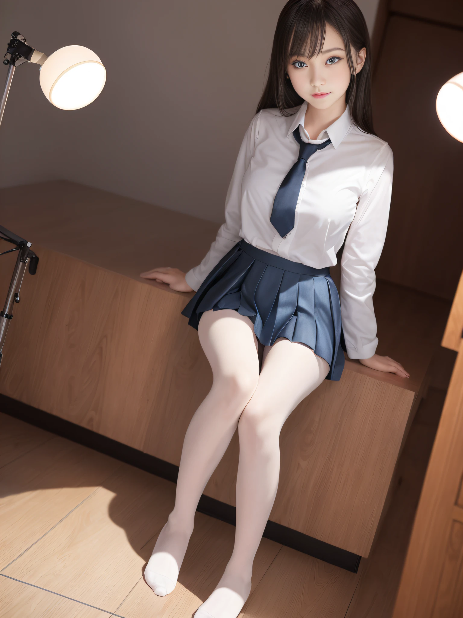 (8ｋ、RAW photos、photorealistic)、teenager、high school girls、(Dark blue uniform)、Dark blue pleated mini skirt running up the legs、(legs spread high)、(Small white panties)、camel toe,