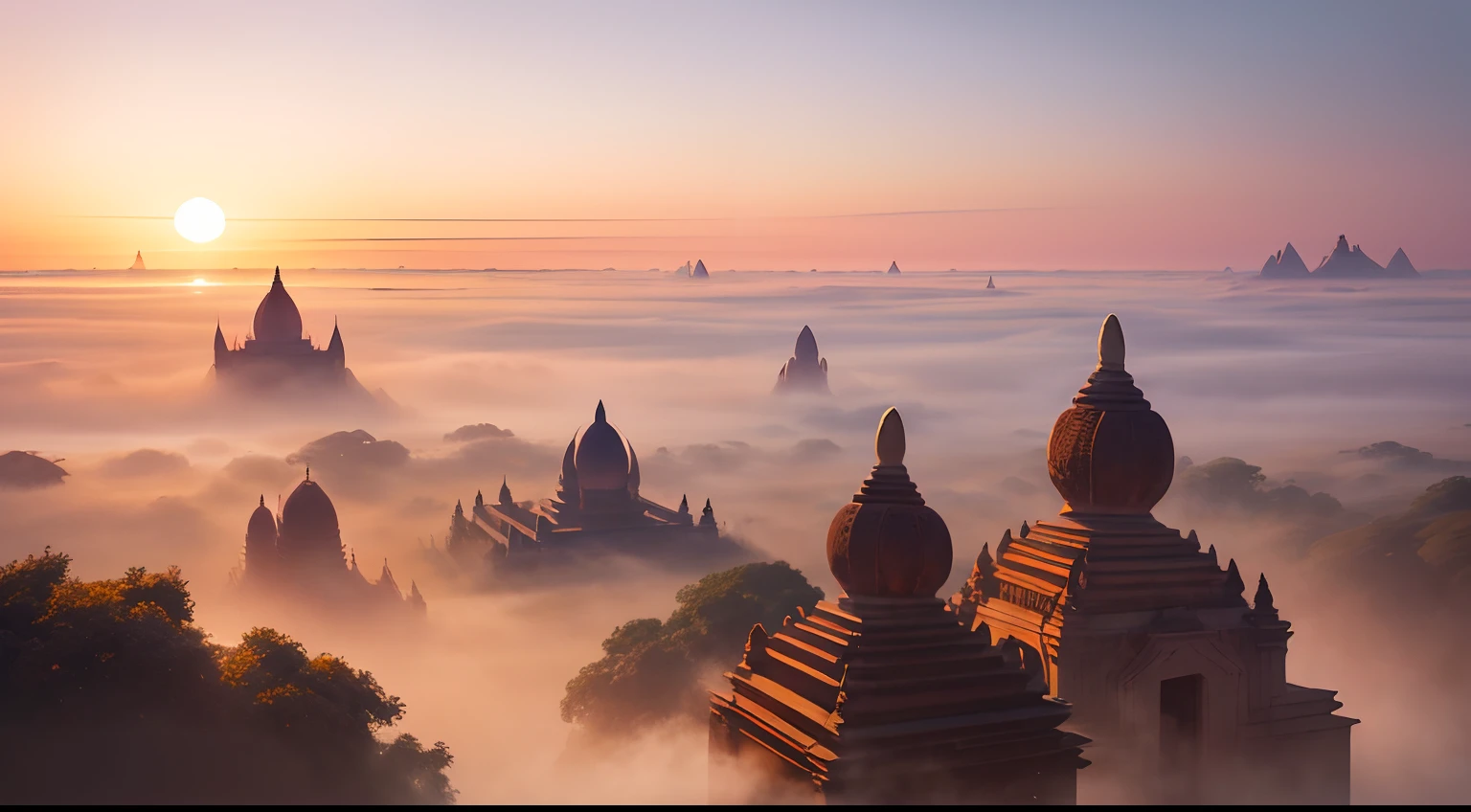 beautiful Bagan landscape, UHD, 4k, highly detailed peaceful land, golden ratio, intricate textures, (theatre lighting; 0.7), (white tint: 0.8), (blue tint: 0.5), (pink tint: 0.6), (aqua tint: 0.5), (yellow tint: 0.4), masterpiece, RAW photo, (bagan pagoda),  Palm trees, sunset, fantasy image, highly detailed realistic clouds, in the distance mountains