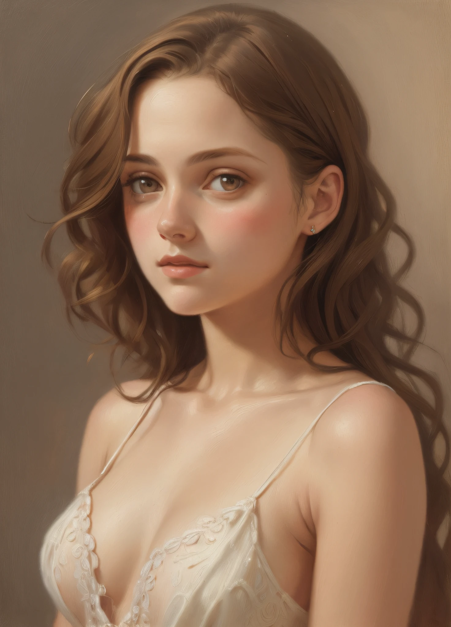 1girl, beautiful teenage girl, very small breasts, short wavy brown hair, portrait, oil painting, modern, realistic proportions, intricate, intricate details, sharp focus