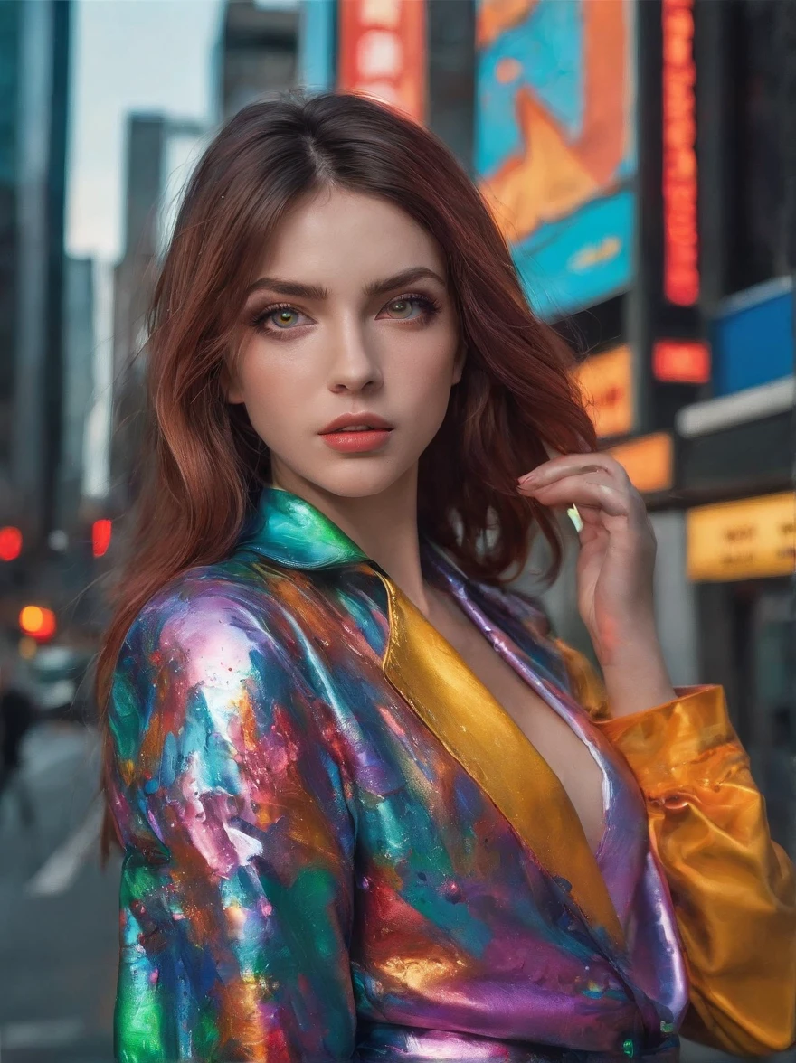 A tenacious female journalist uncovering a high-stakes conspiracy in a bustling metropolis, taking selfie with her mobile phone, through crowded streets and dark alleyways, close up, holding a mobile phoneDetailed clothes, green eyes, flowing hair, determined expression, shiny glossy skin, subsurface scattering, (sharp:0.7), [(colorful explosion psychedelic paint colors:1.21)::0.05], amazing fine detail, Nikon D850 film stock photograph Kodak Portra 400 camera f1.6 lens, rich colors, lifelike texture, dramatic lighting, urban environment, skyscrapers, neon signs, street vendors, dynamic composition, unreal engine, trending on ArtStation, cinestill 800 tungsten