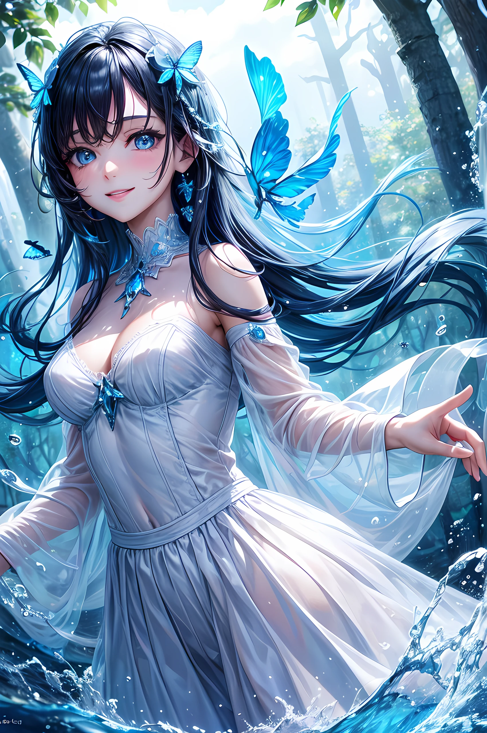 Top Quality, Photorealistic, 8K, High Definition, absurd res, high res, ultra sharp, masterpiece, (masterpiece), best quality, expressive eyes, perfect face, Super eyes, 1 girl, transparent water, blue butterfly, pure white gauze skirt, sparkling, smiling, water witch, familiar pet, vibrant forest, glowing skin, lot's of wildlife,
