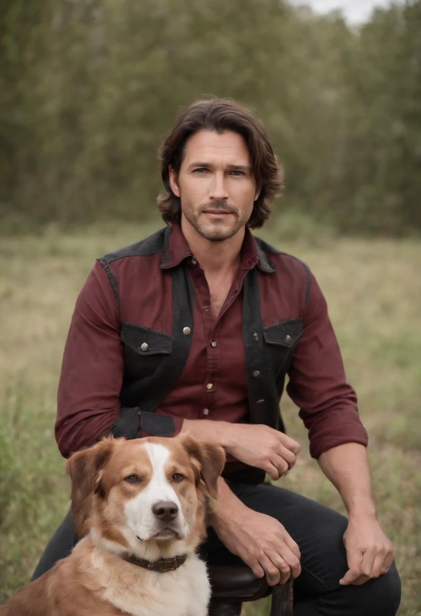 A 39 year old guy with wavy brown hair and dark brown eyes wearing a dark red and black cowboy shirt and black jeans and dark cowboy boots with his dogs